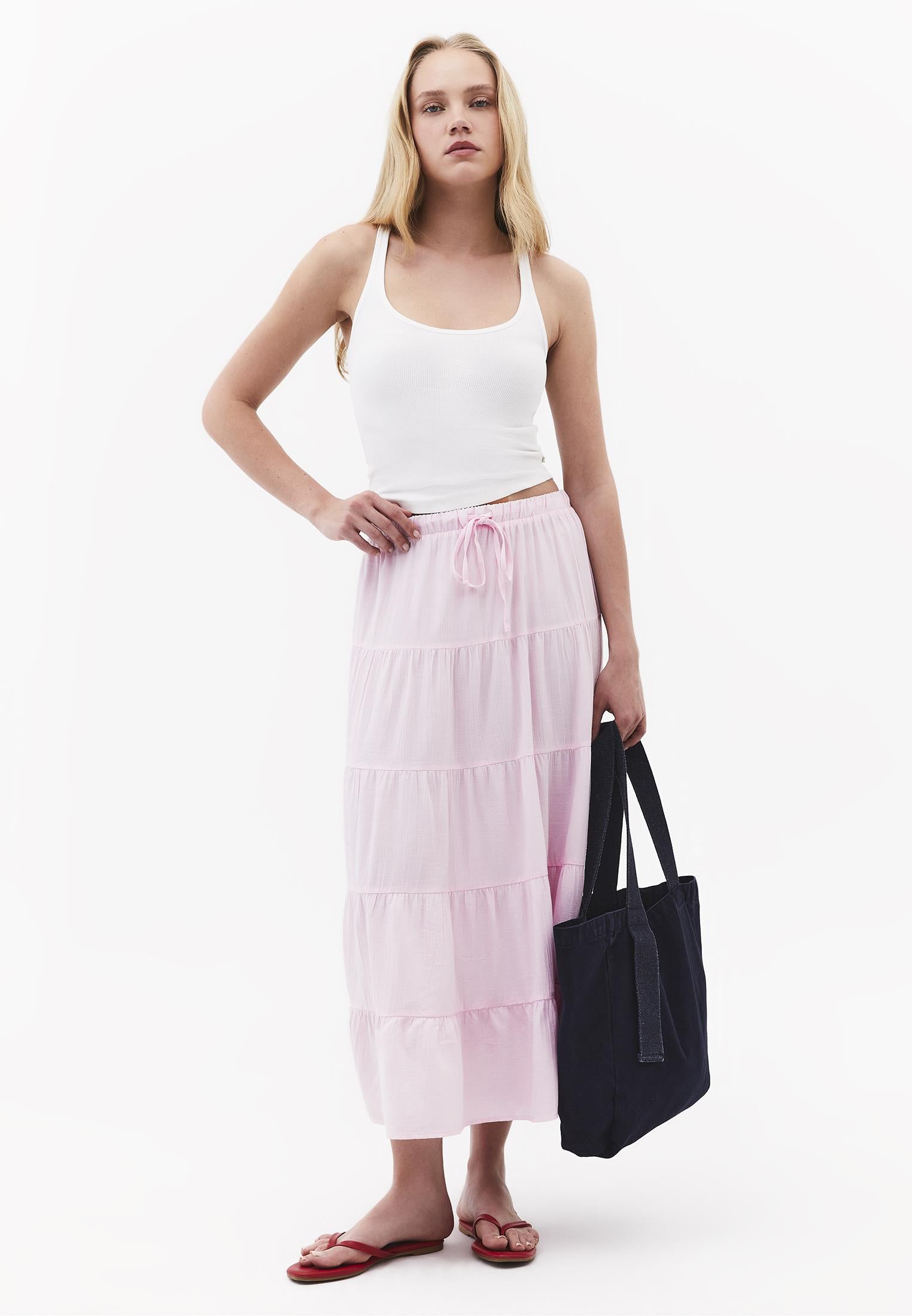 High Waist Ruched Midi Skirt - BARELY PINK