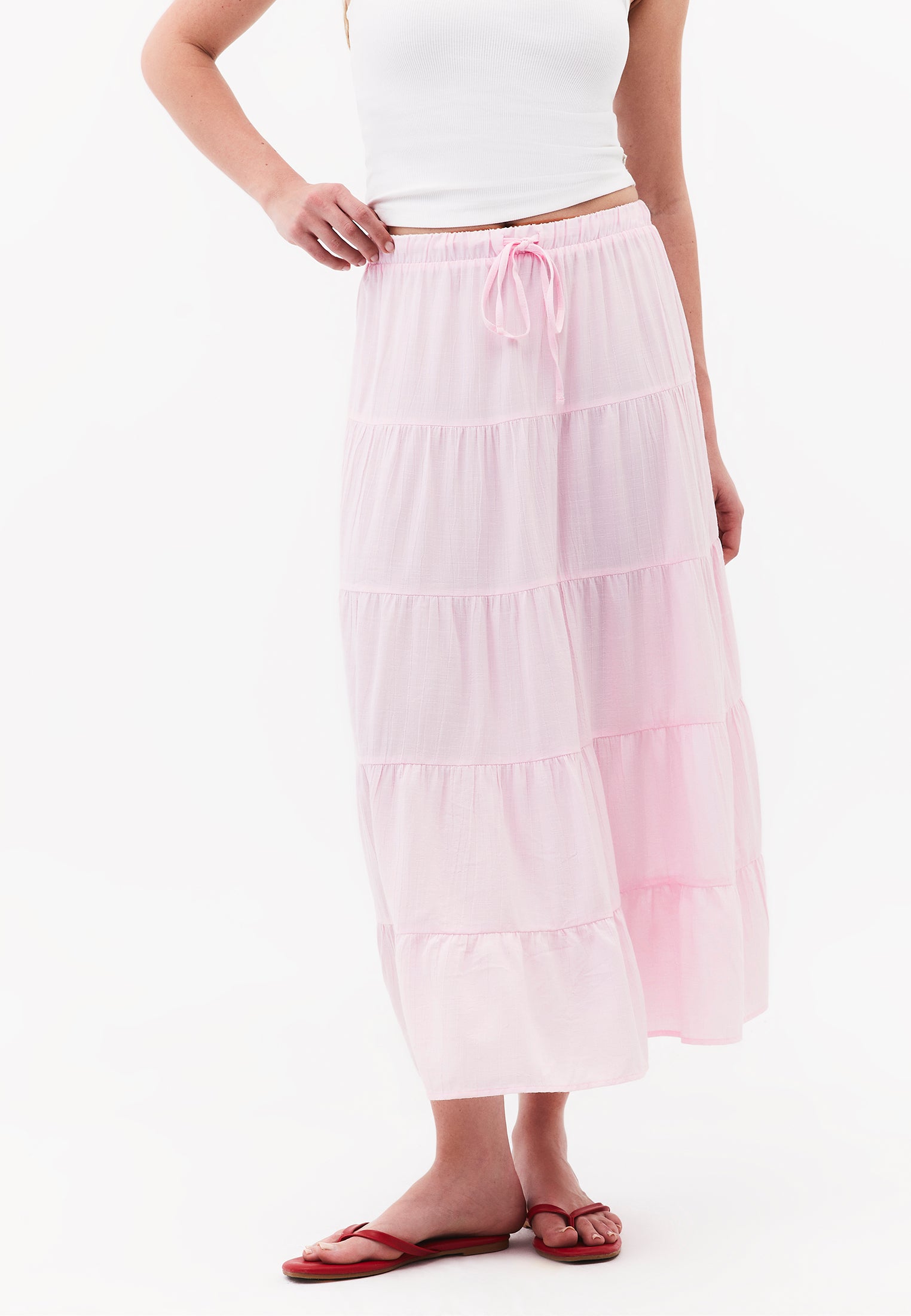 High Waist Ruched Midi Skirt - BARELY PINK