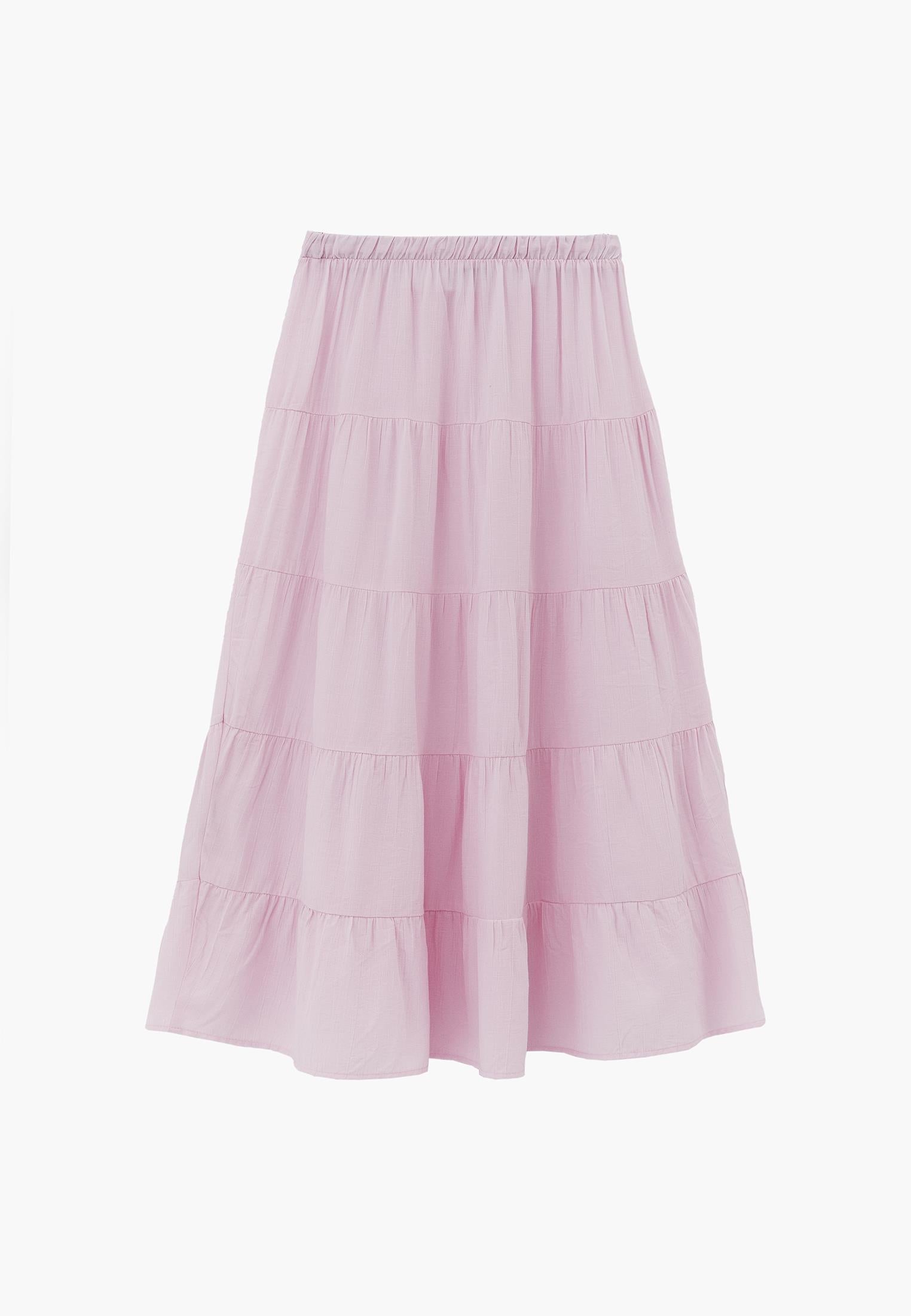 High Waist Ruched Midi Skirt - BARELY PINK
