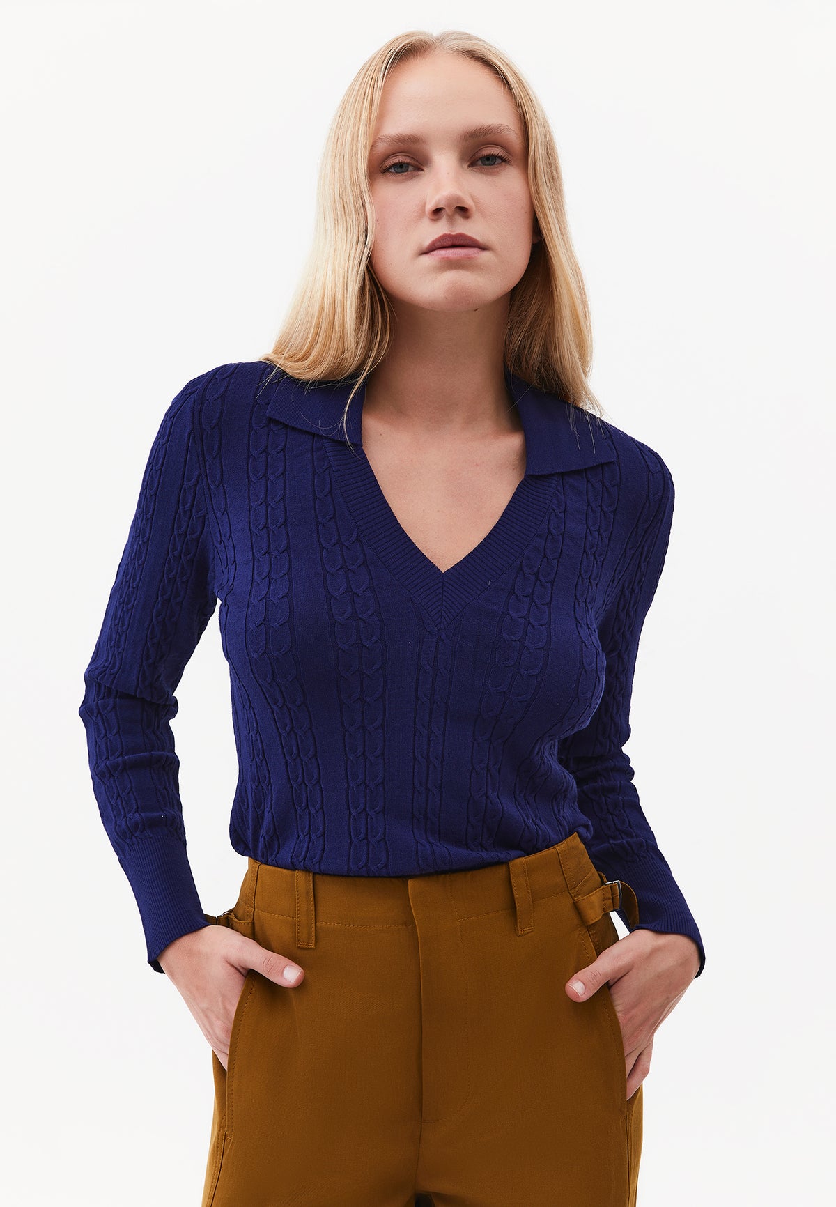 Polo Neck Knit Detail Sweater - BEACON BLUE