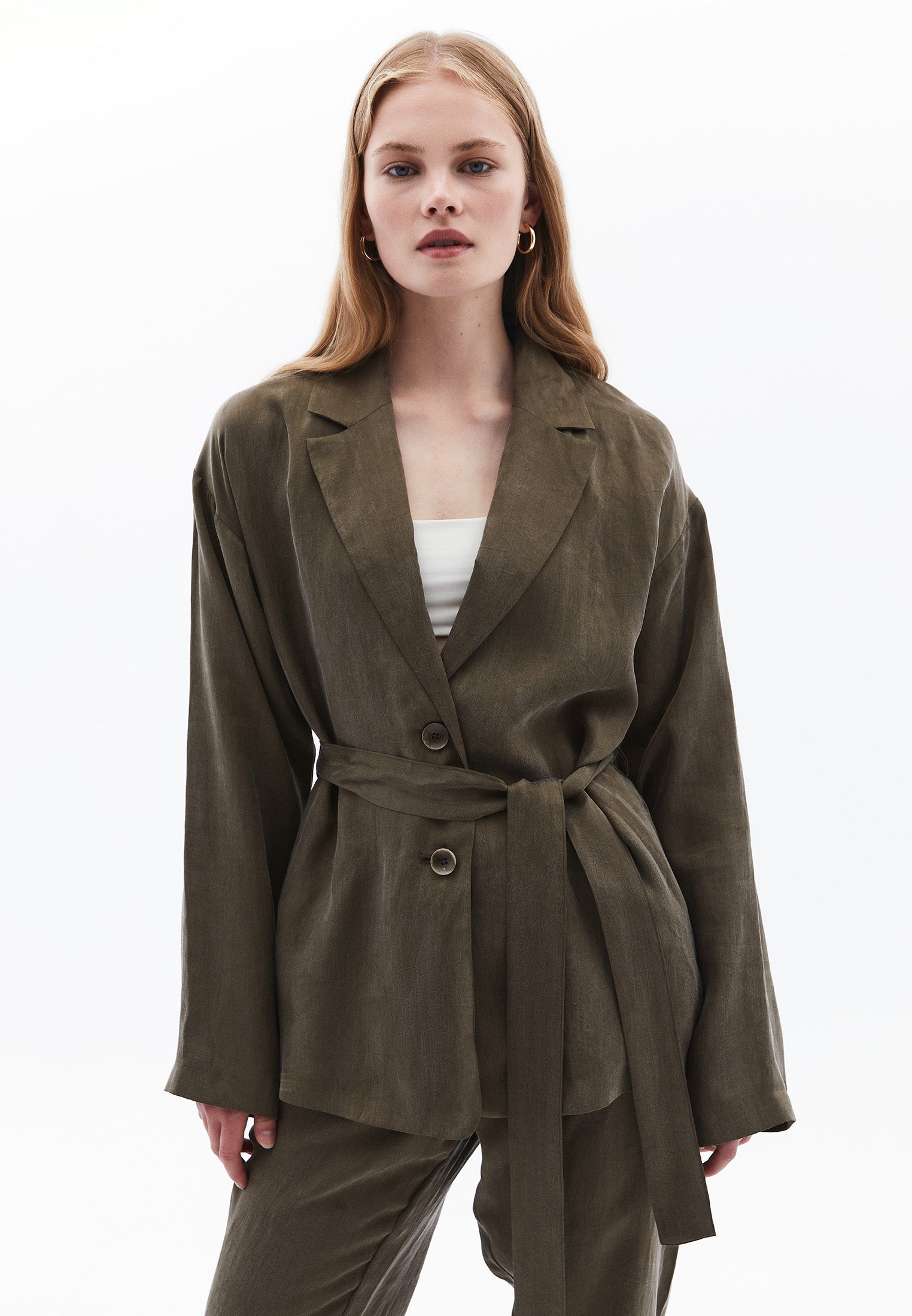 Woven Belted Loose Fit Standard Long Sleeve Jacket - BEECH
