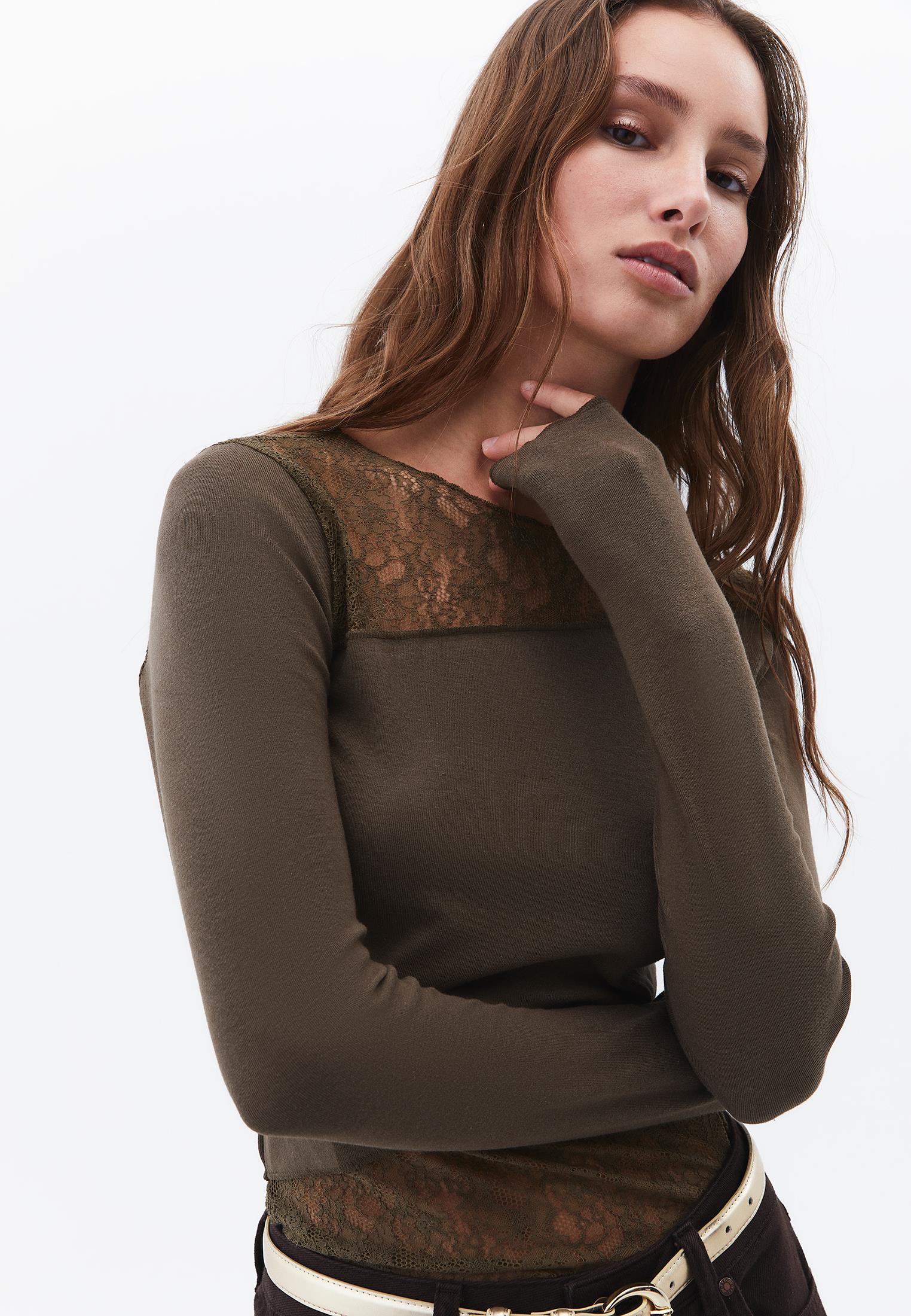 Closed Cut Long Sleeve Crew Neck T-Shirt - BEECH