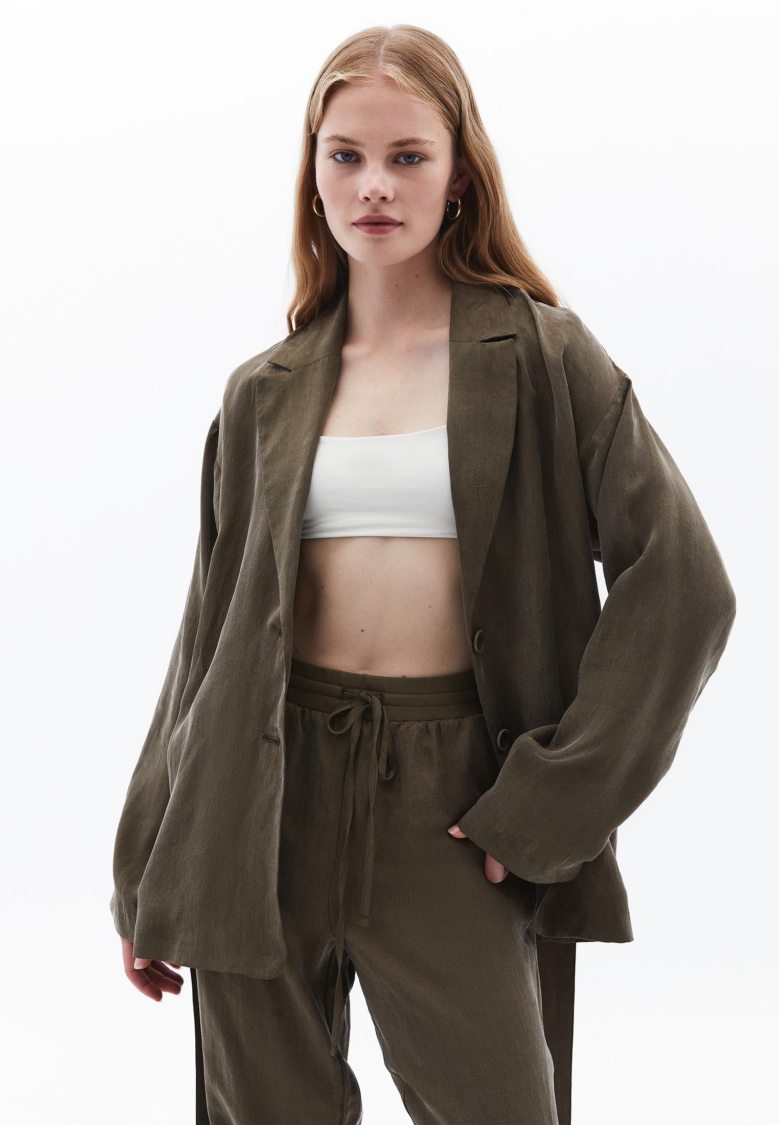 Woven Belted Loose Fit Standard Long Sleeve Jacket - BEECH