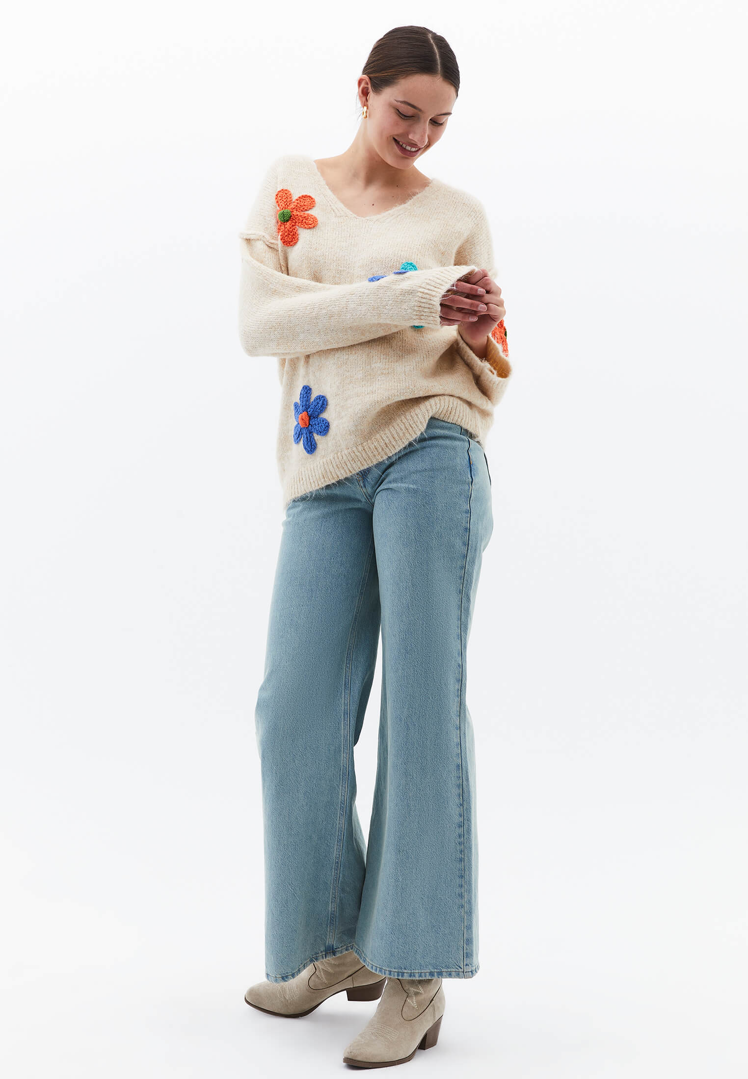 Deep V Neck Loose Knit Sweater - BEIGE MELANGE
