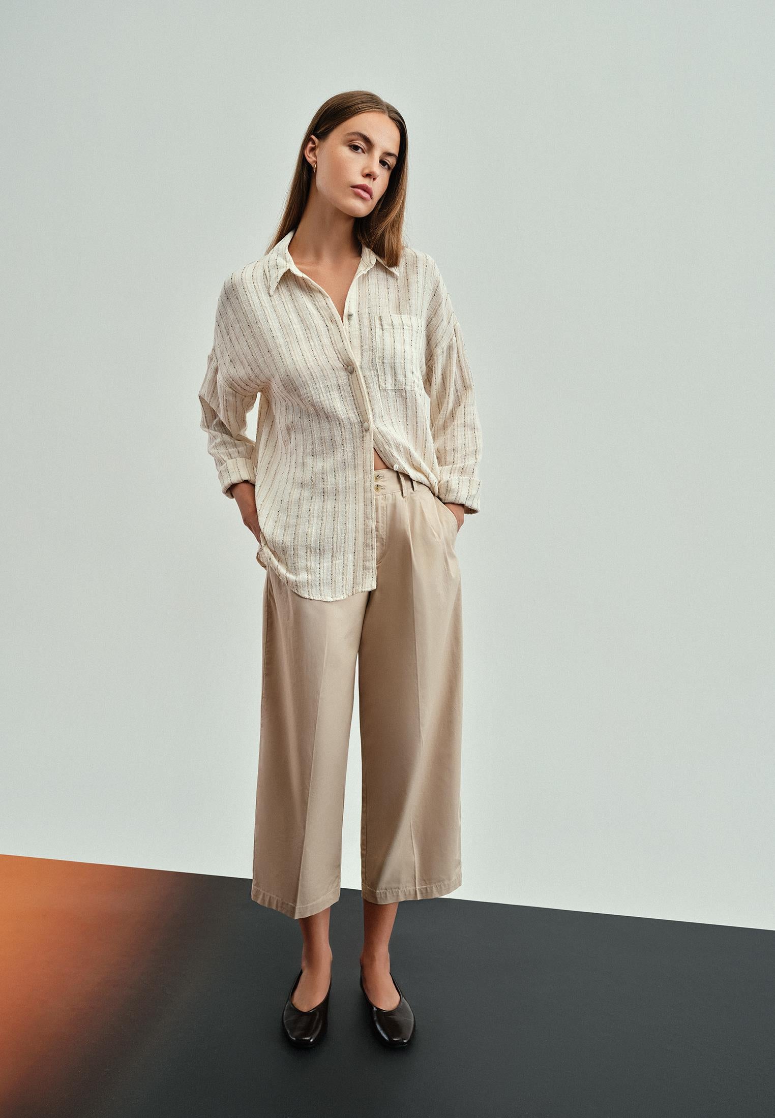 Oversize Long Sleeve Shirt - BEIGE STRIPE