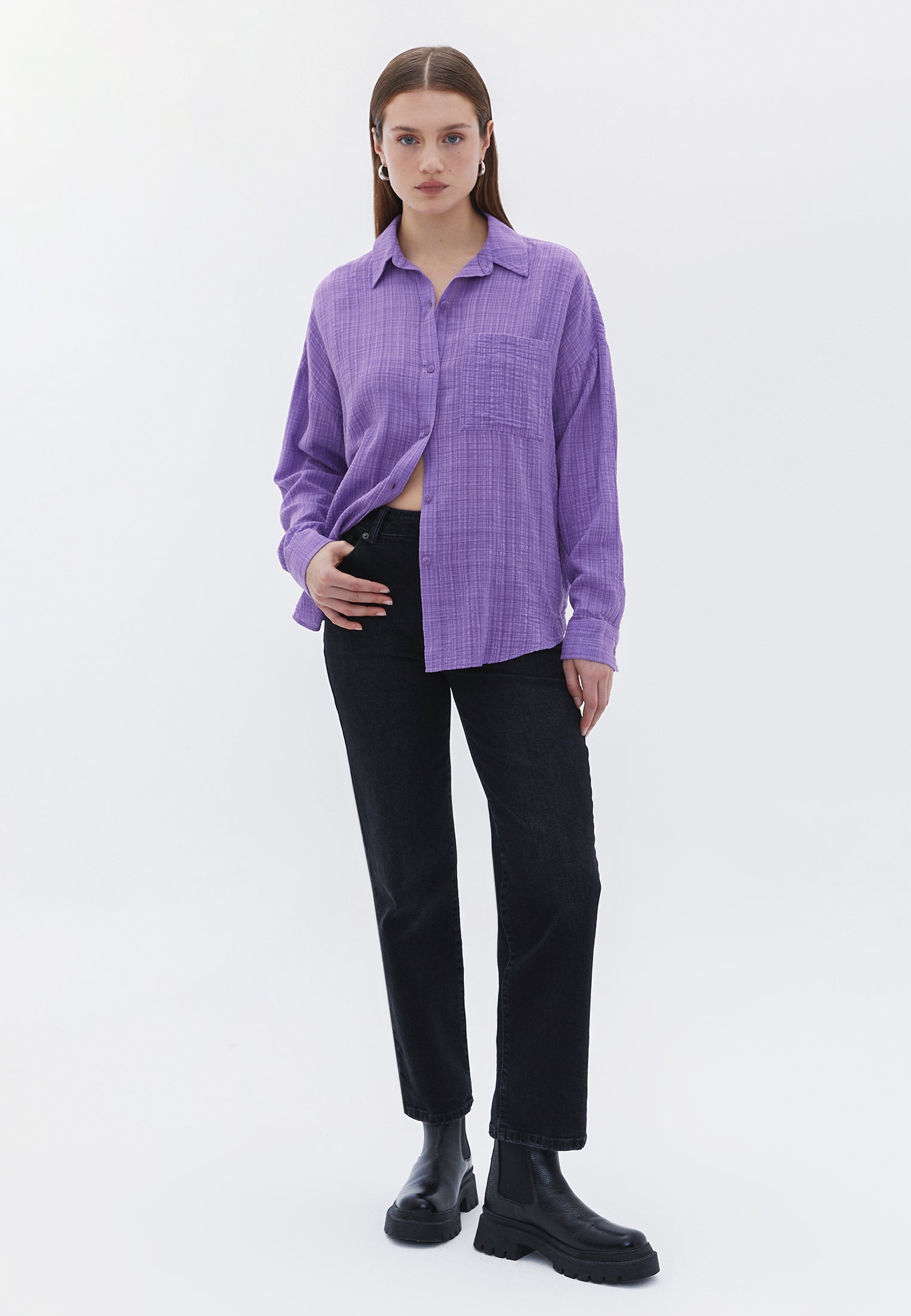 Oversize Long Sleeve Shirt With Pocket Detail - BELLFLOWER