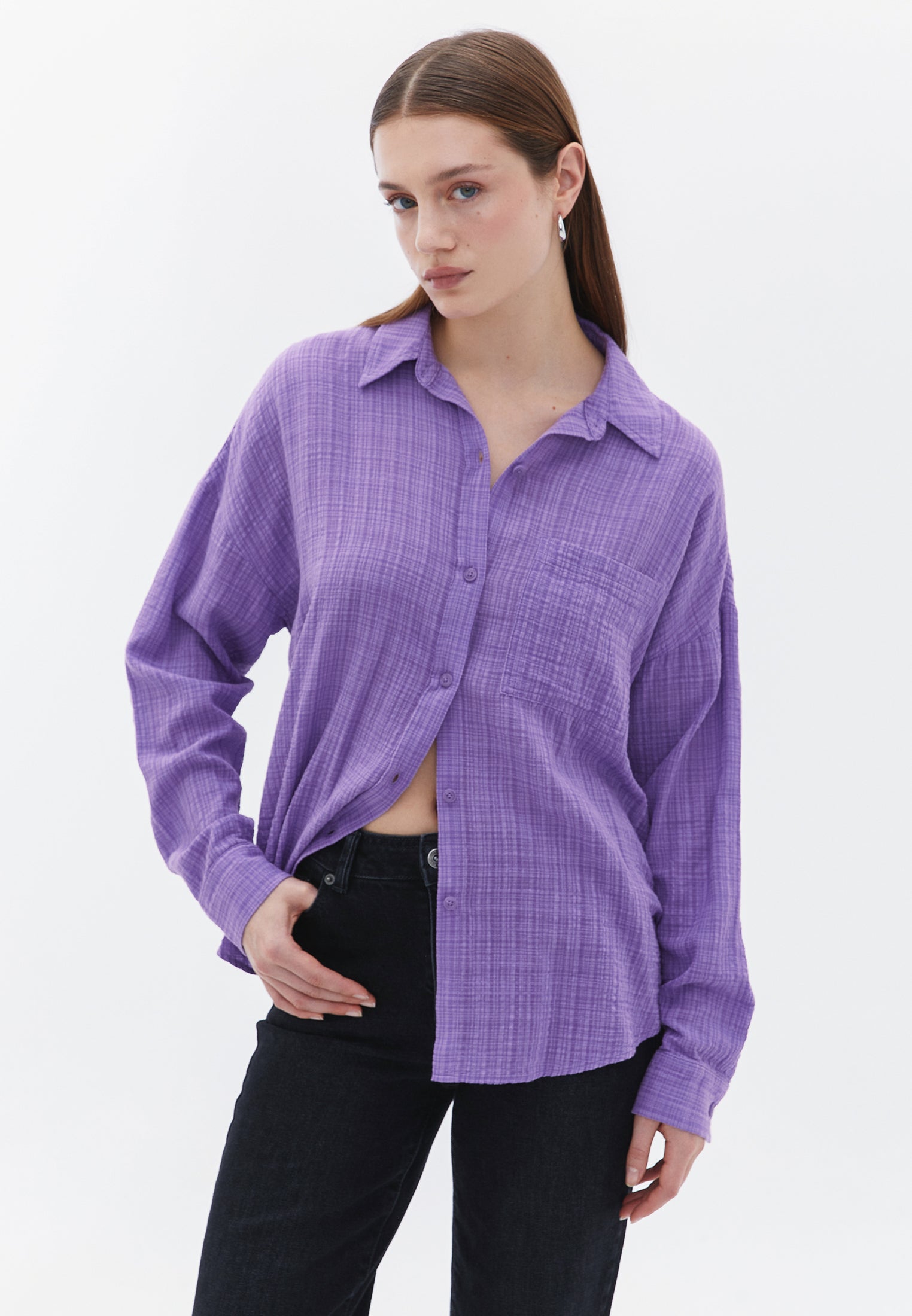 Oversize Long Sleeve Shirt With Pocket Detail - BELLFLOWER
