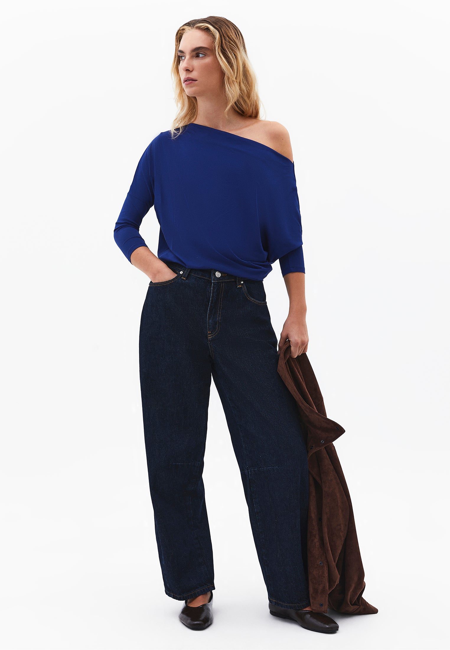 Asymmetric Neck Batwing Sleeve T-Shirt - BELLWETHER BLUE