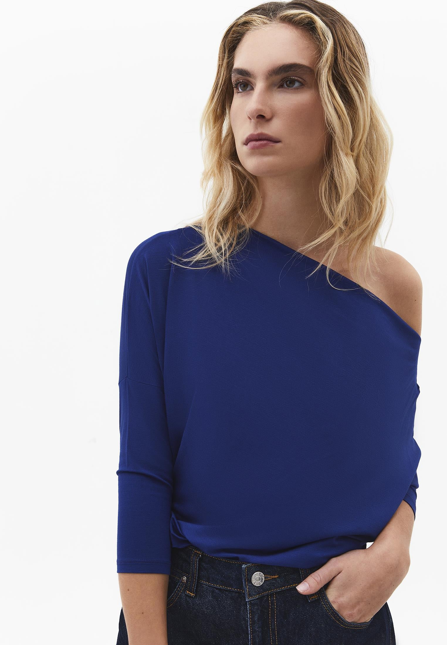 Asymmetric Neck Batwing Sleeve T-Shirt - BELLWETHER BLUE