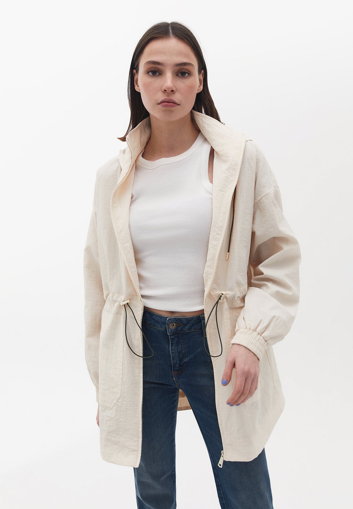 Tunic Length Long Sleeve High Neck Jacket - BIRCH