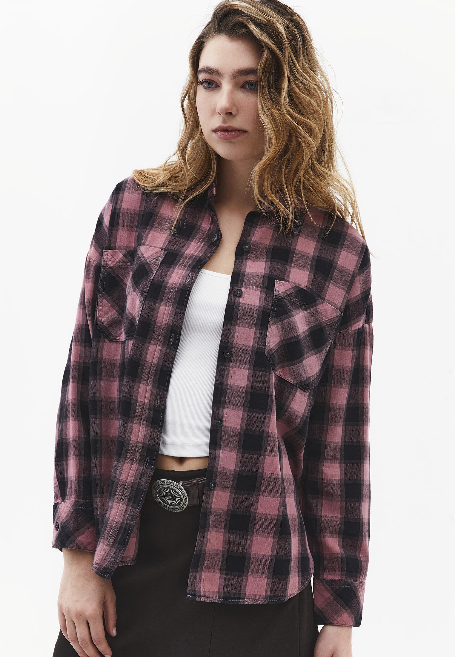 Oversize Short Shirt Collar Long Sleeve Shirt - BISON CHECK