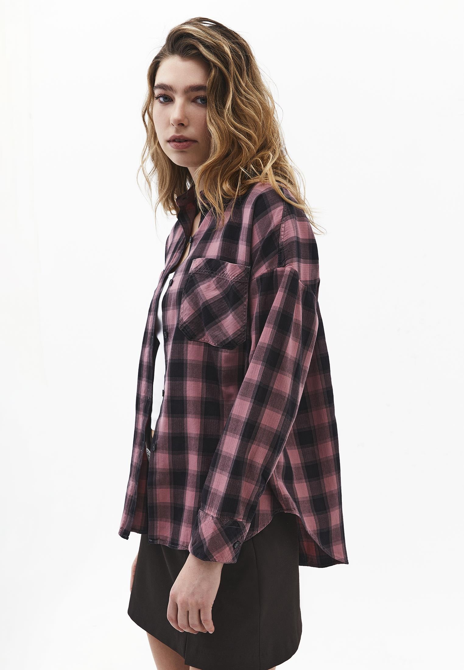 Oversize Short Shirt Collar Long Sleeve Shirt - BISON CHECK