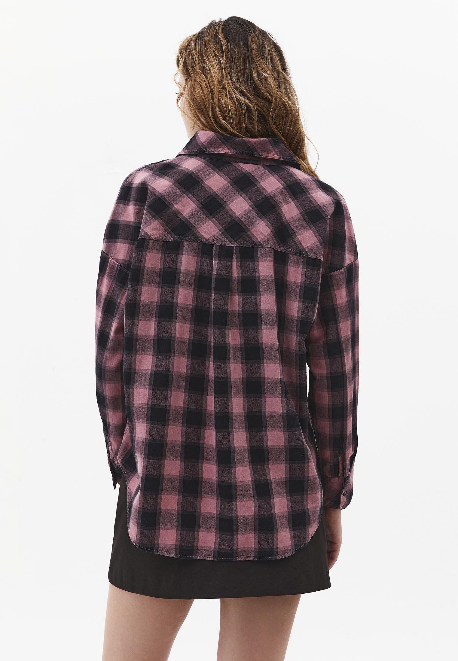 Oversize Short Shirt Collar Long Sleeve Shirt - BISON CHECK