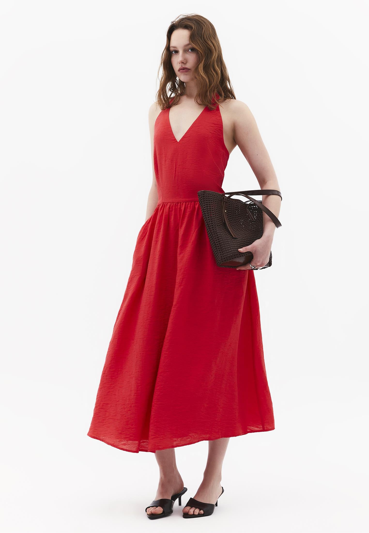 Flared Halter Neck Long Dress - BITTERSWEET