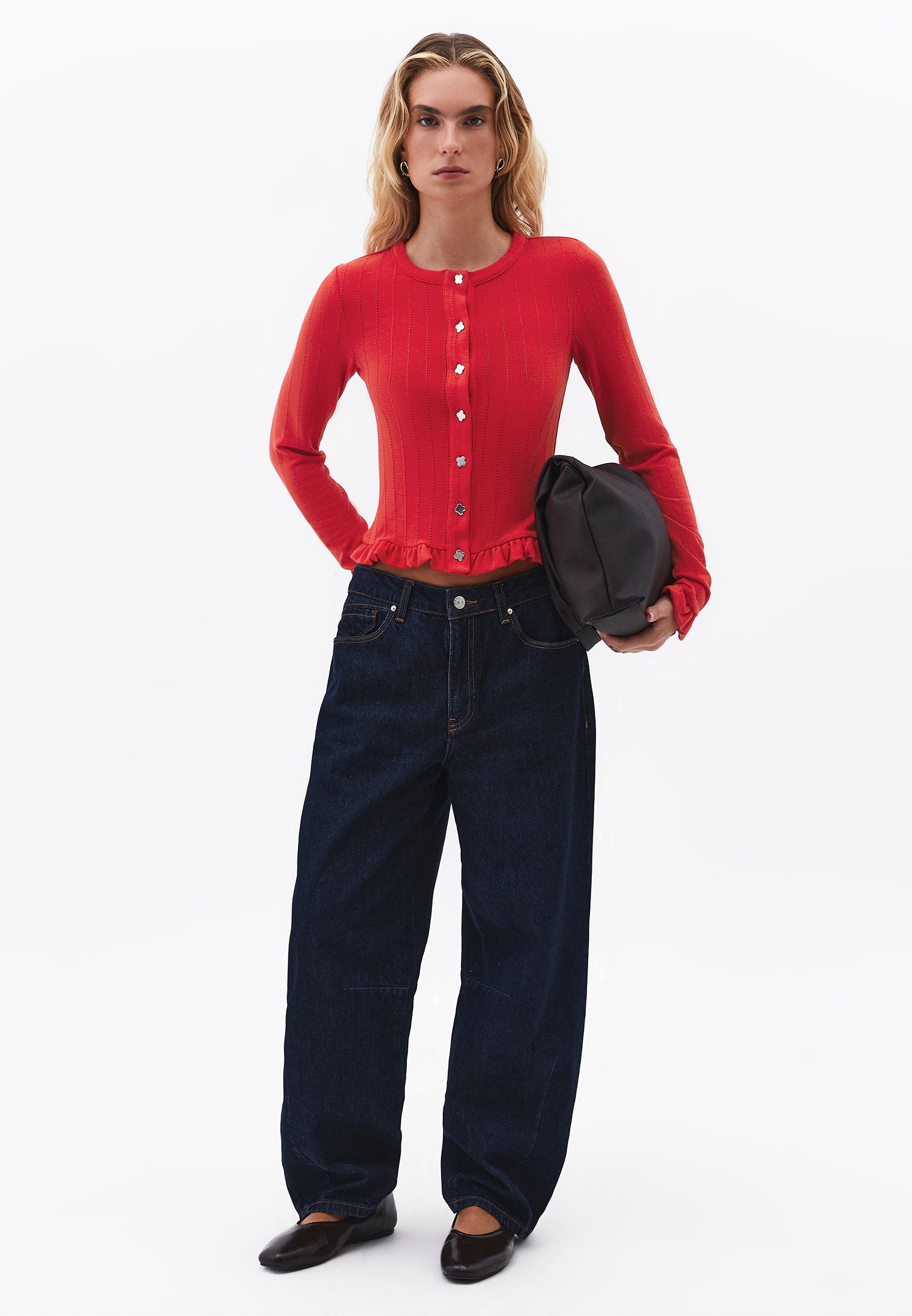 Cardigan With Ruffle Details And Round Neckline - BITTERSWEET
