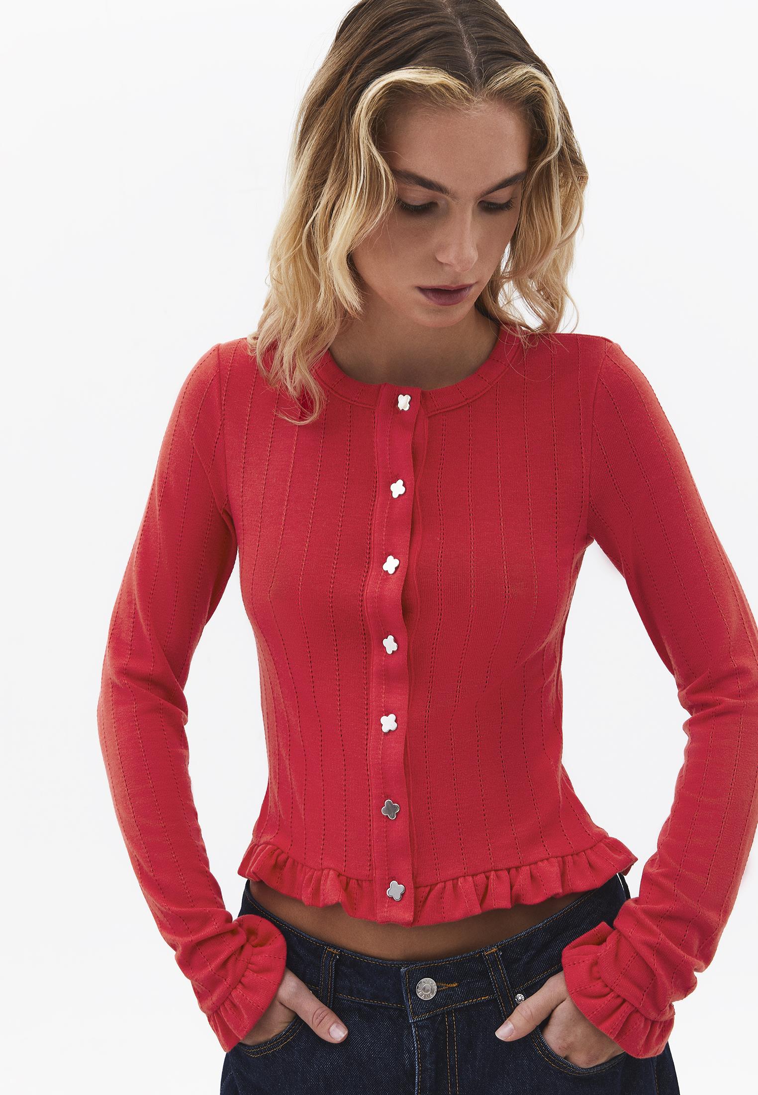 Cardigan With Ruffle Details And Round Neckline - BITTERSWEET
