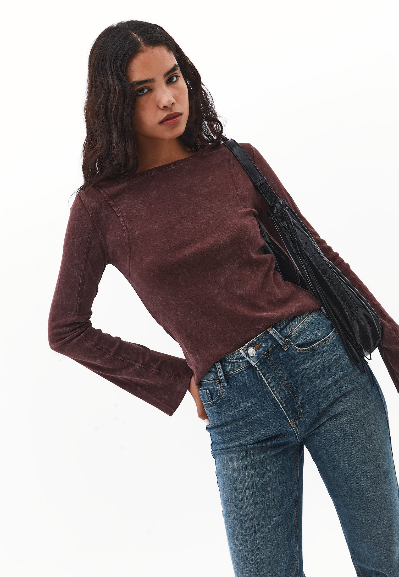 Long Sleeve Cotton T-Shirt - BITTER CHOCOLATE