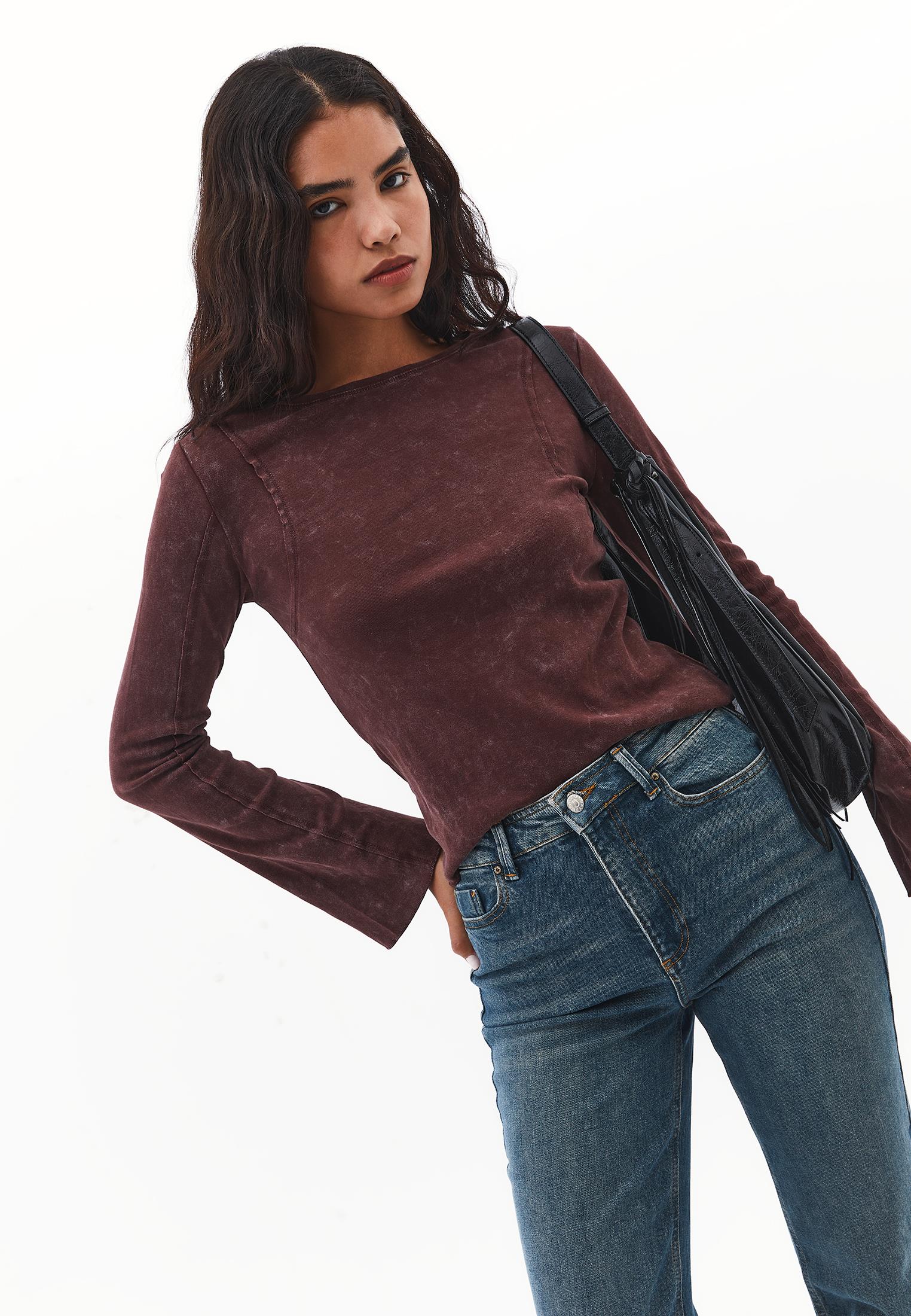 Long Sleeve Cotton T-Shirt - BITTER CHOCOLATE