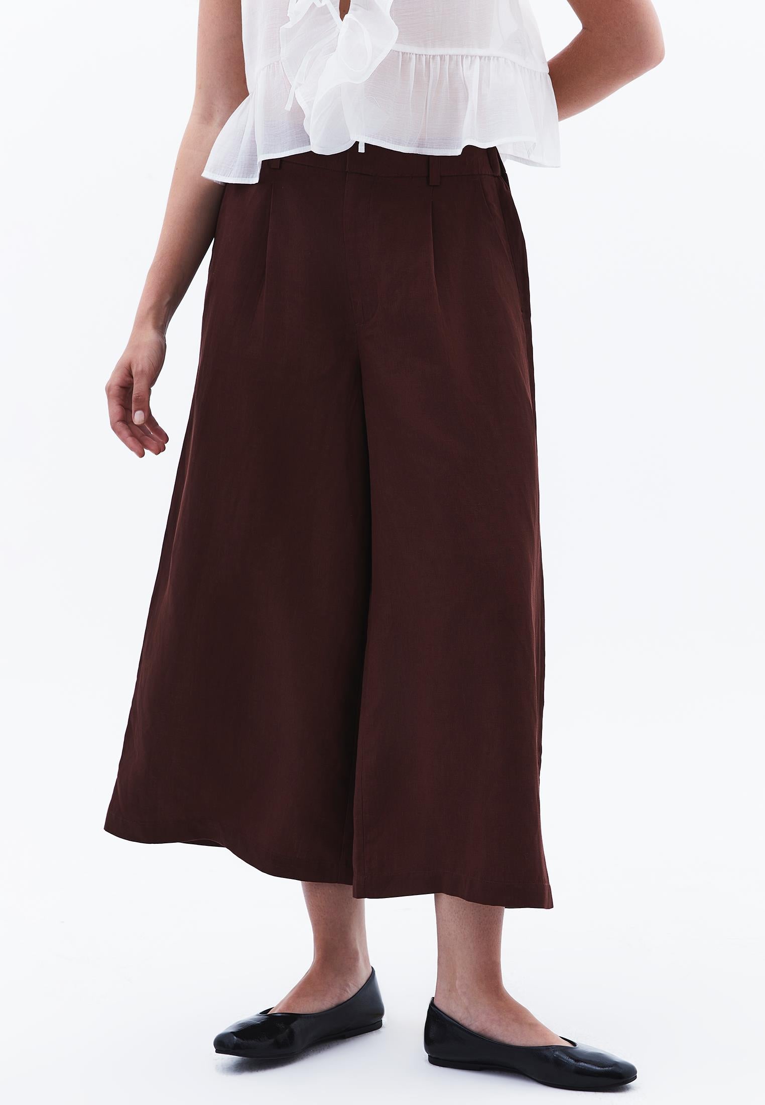 Pleated Ultra High Waist Cropped Culotte Trousers - BITTER CHOCOLATE