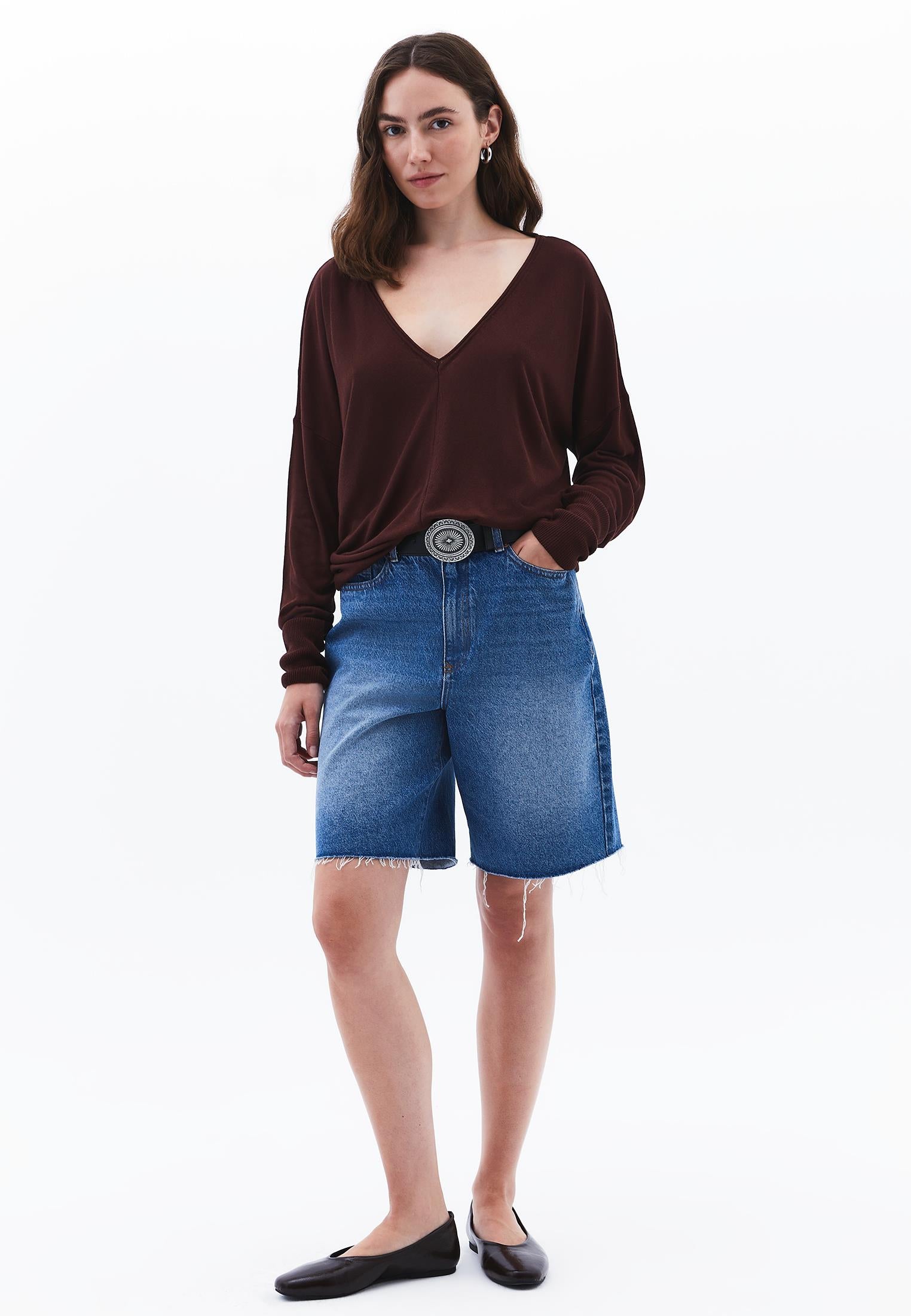 V Neck Long Sleeve Sweater - BITTER CHOCOLATE