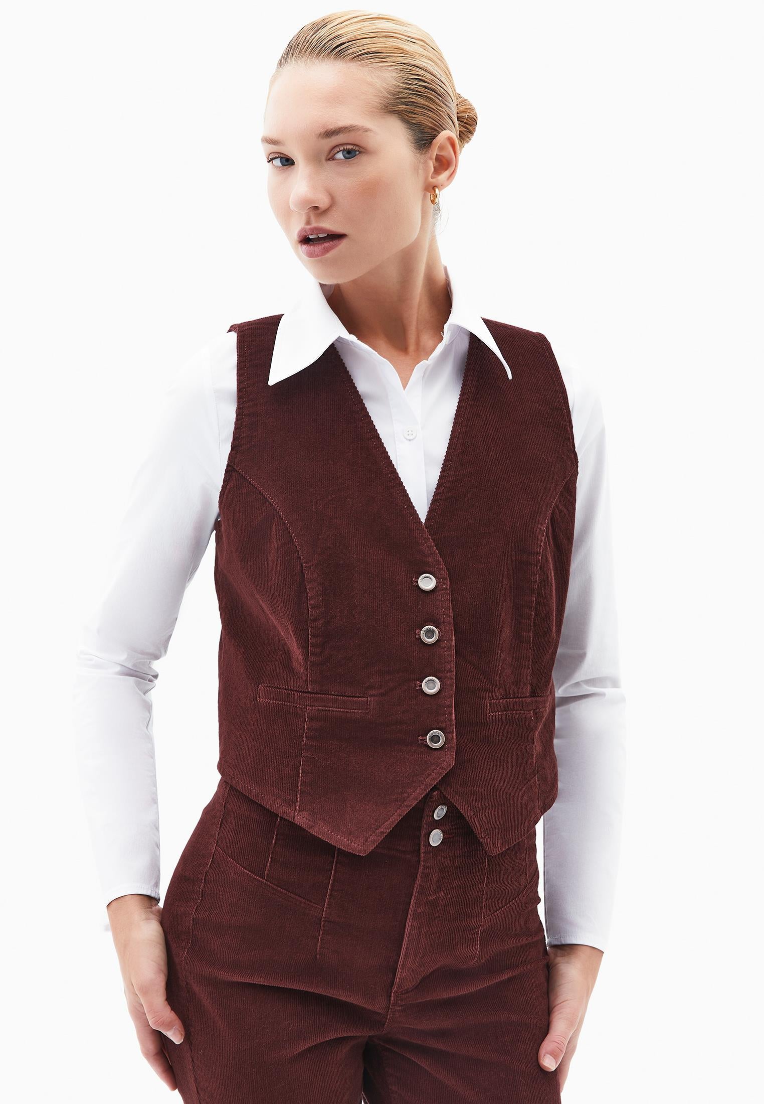 Sleeveless Vest With V Neck And Button Detail - BITTER CHOCOLATE