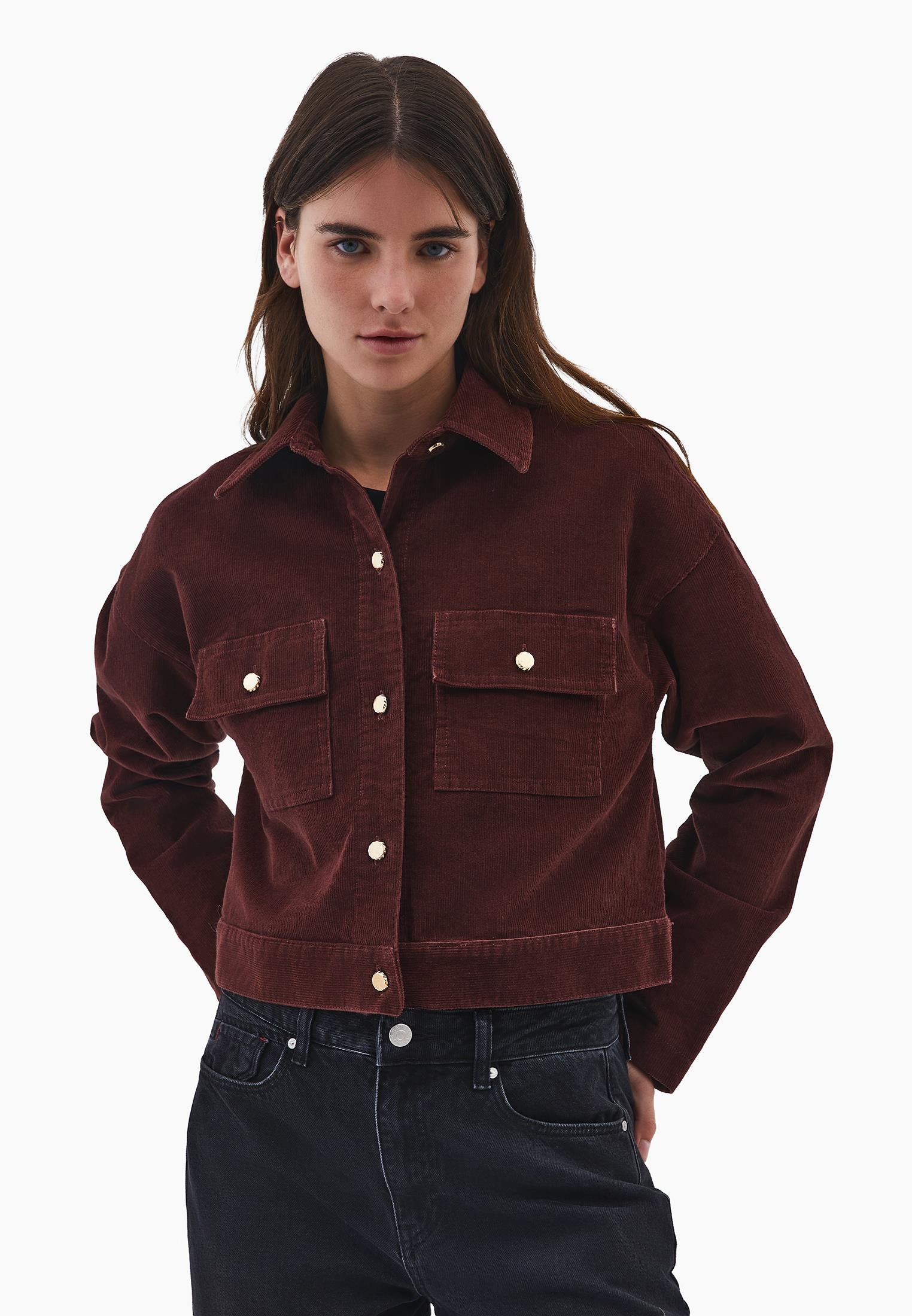 Corduroy Oversize Jacket With Ribbed Texture - BITTER CHOCOLATE