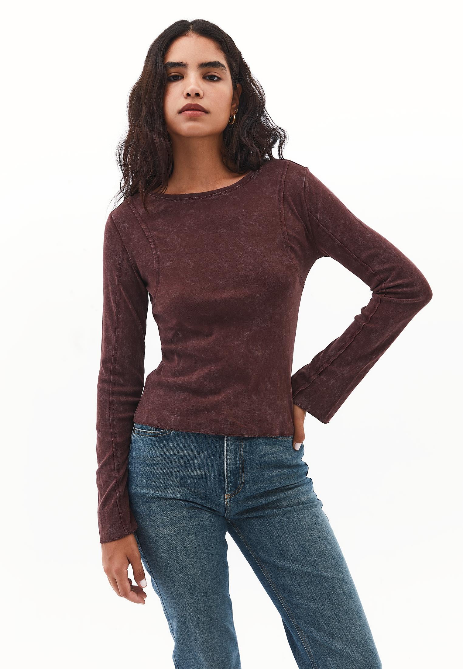 Long Sleeve Cotton T-Shirt - BITTER CHOCOLATE