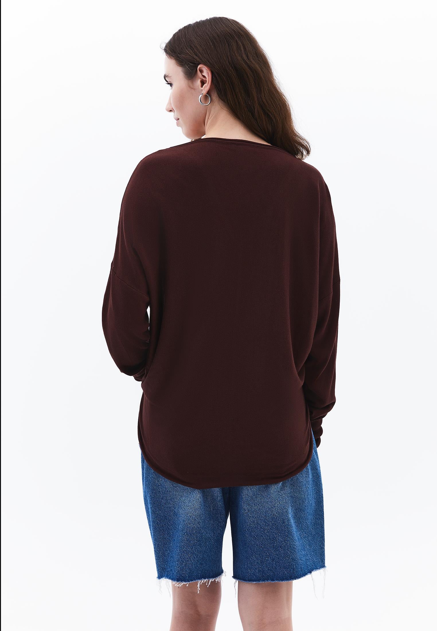 V Neck Long Sleeve Sweater - BITTER CHOCOLATE