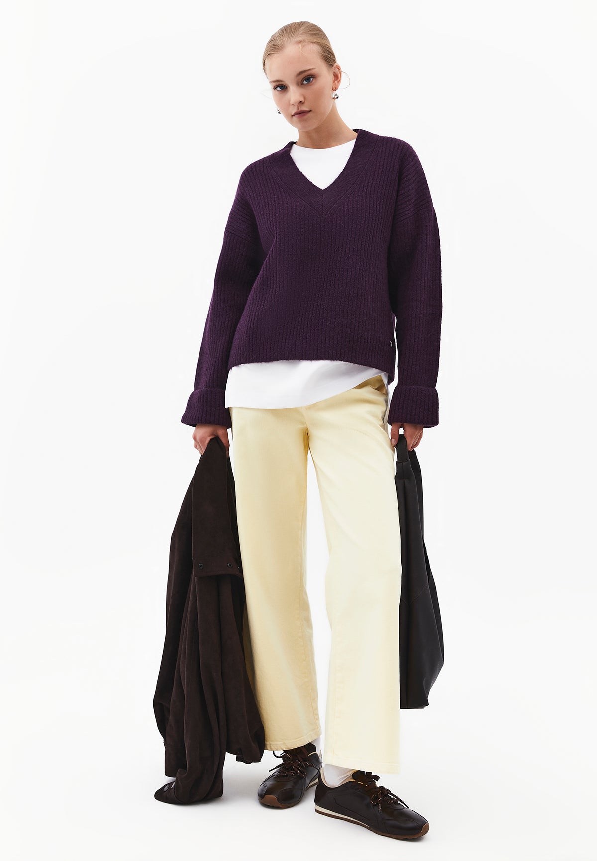 Loose V-Neck Sweater - BLACKBERRY CORDIAL