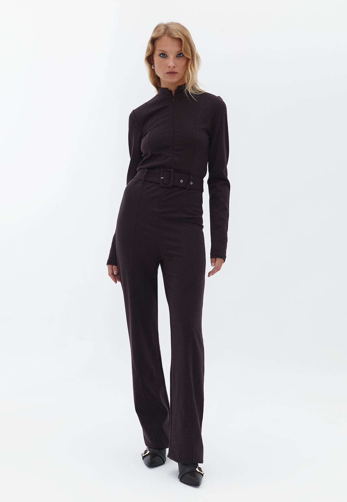 Long Jumpsuit With Belt And Zipper Detail - BLACK COFFEE