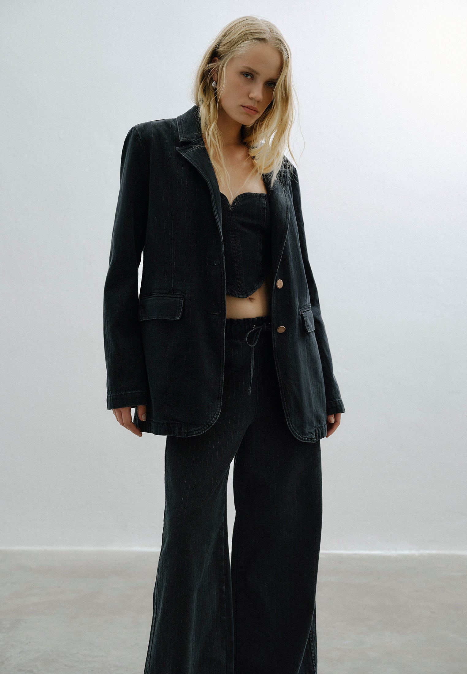 Double Breasted Lapel Boyfriend Blazer Jacket - BLACK DENIM