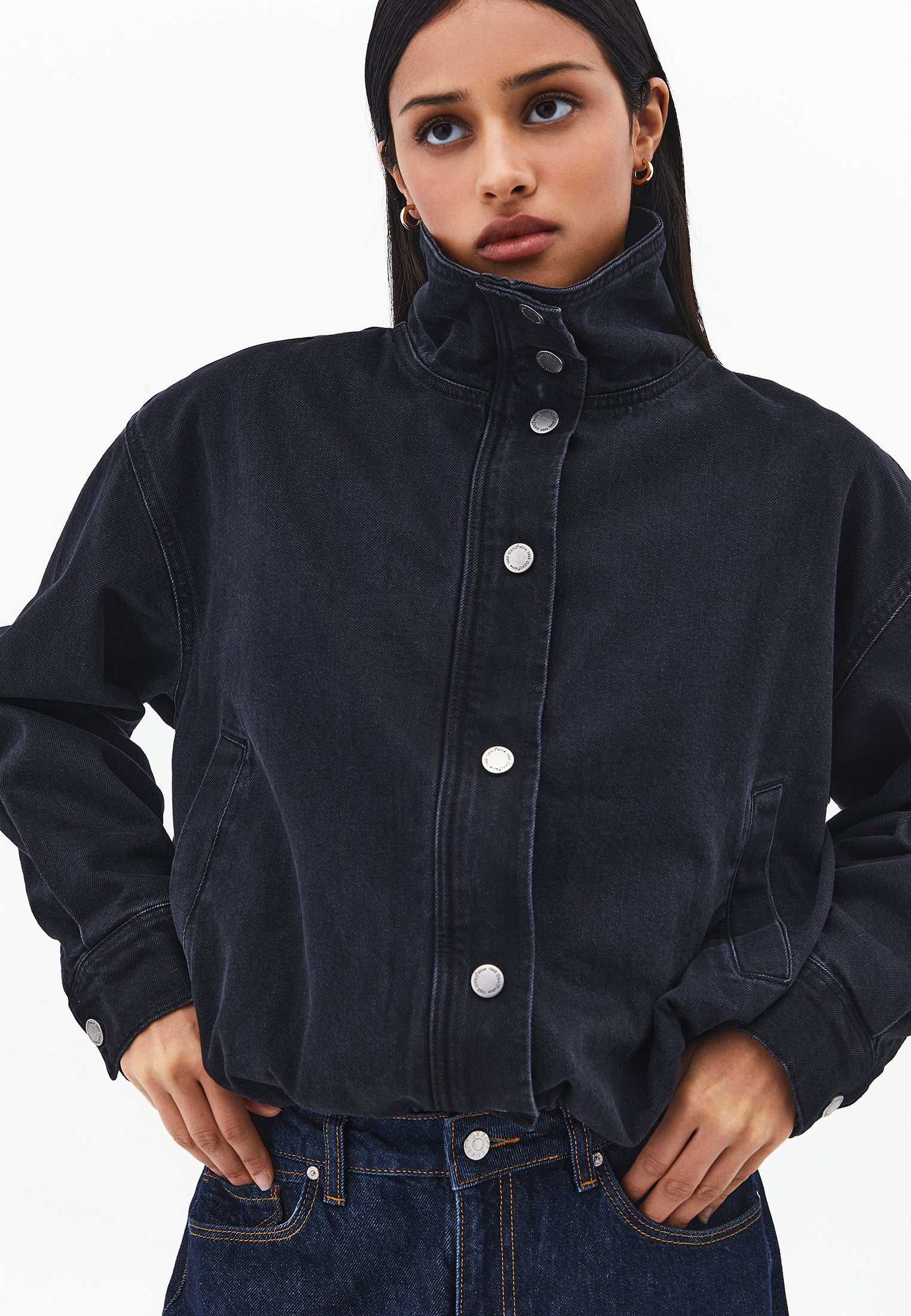 Oversize High Neck Bomber Jacket - BLACK DENIM
