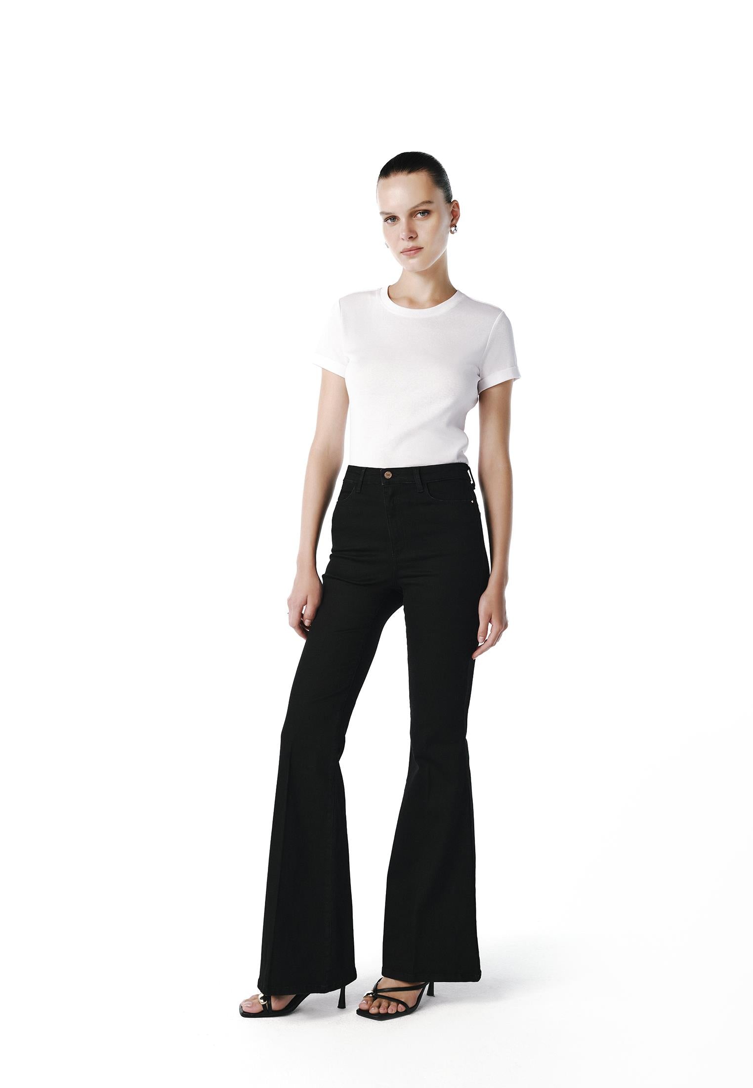 Ultra High Waist Flared Pants With Button Details - BLACK DENIM