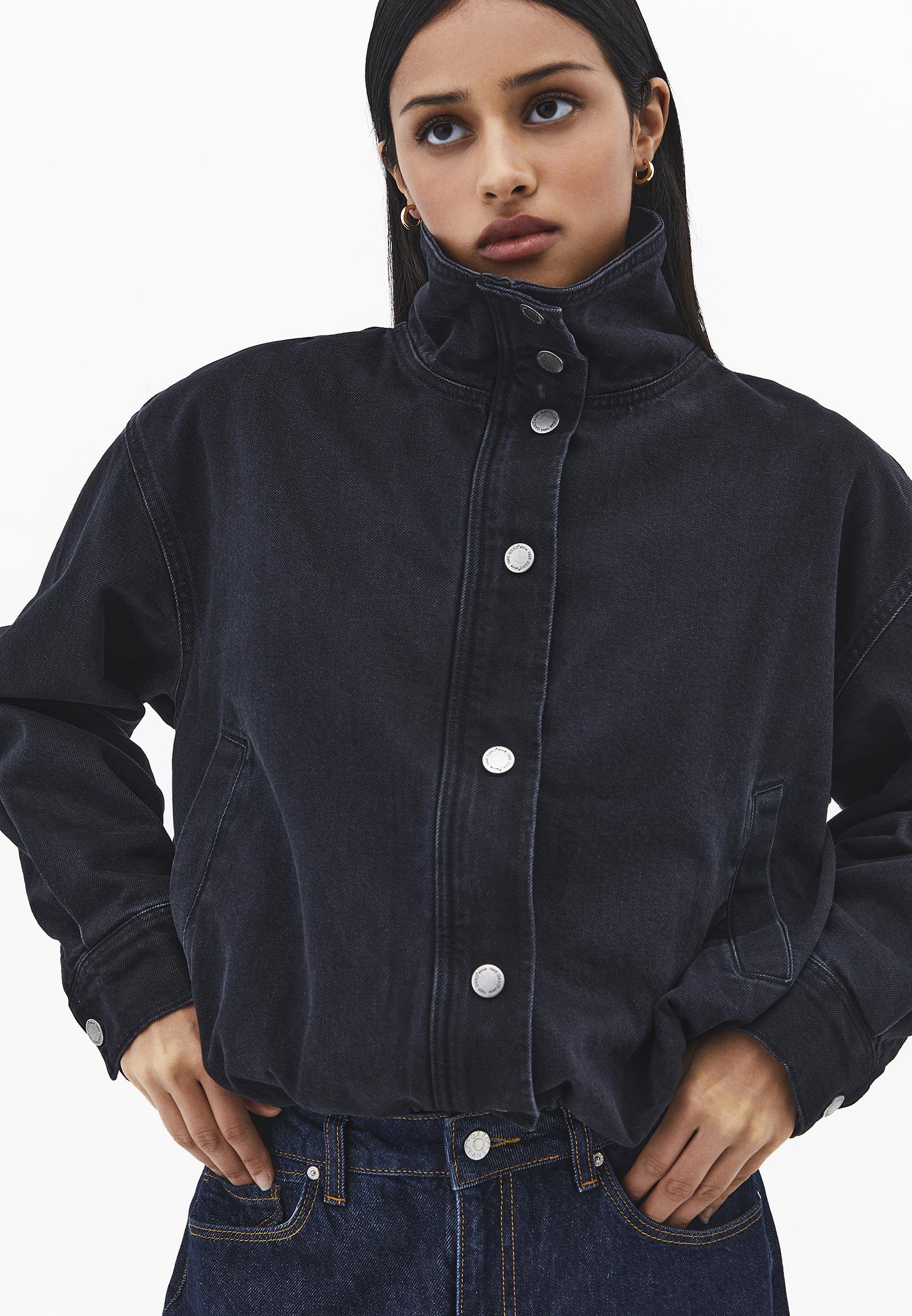 Oversize High Neck Bomber Jacket - BLACK DENIM