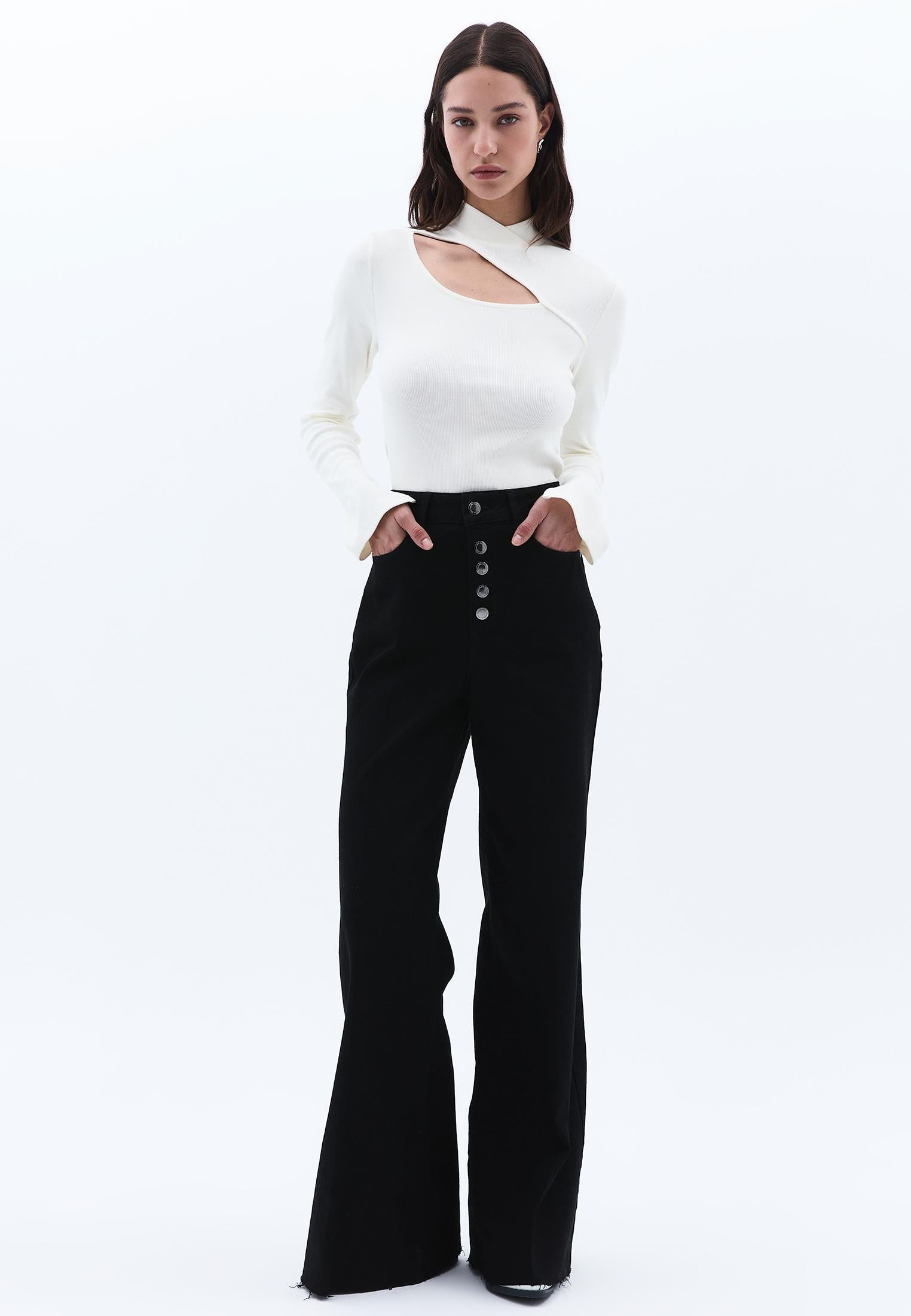 High Waist Wide Leg Women's Pants - BLACK DENIM