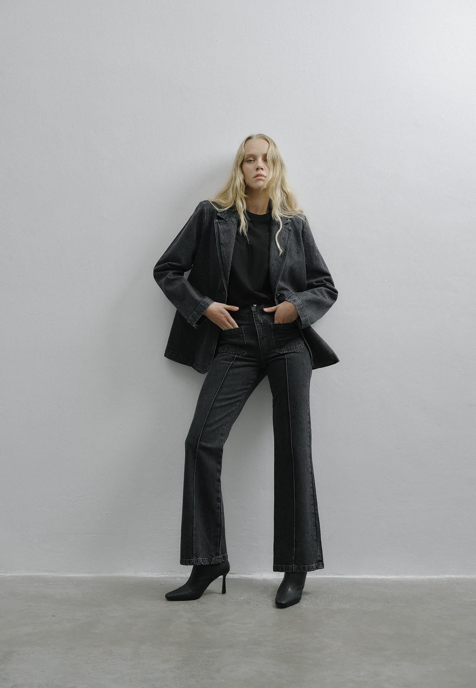 Ultra High Waist Flared Spanish Pants - BLACK DENIM