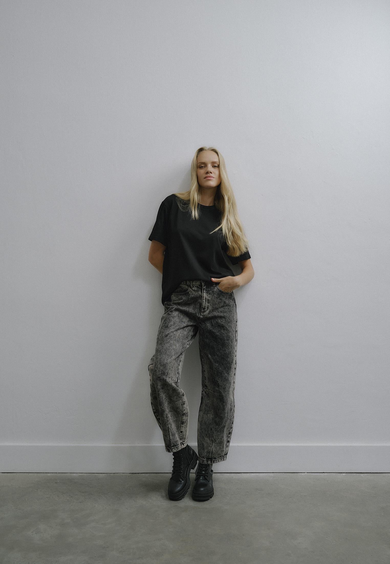 Normal Waist Barrel Leg Denim Pants - BLACK DENIM