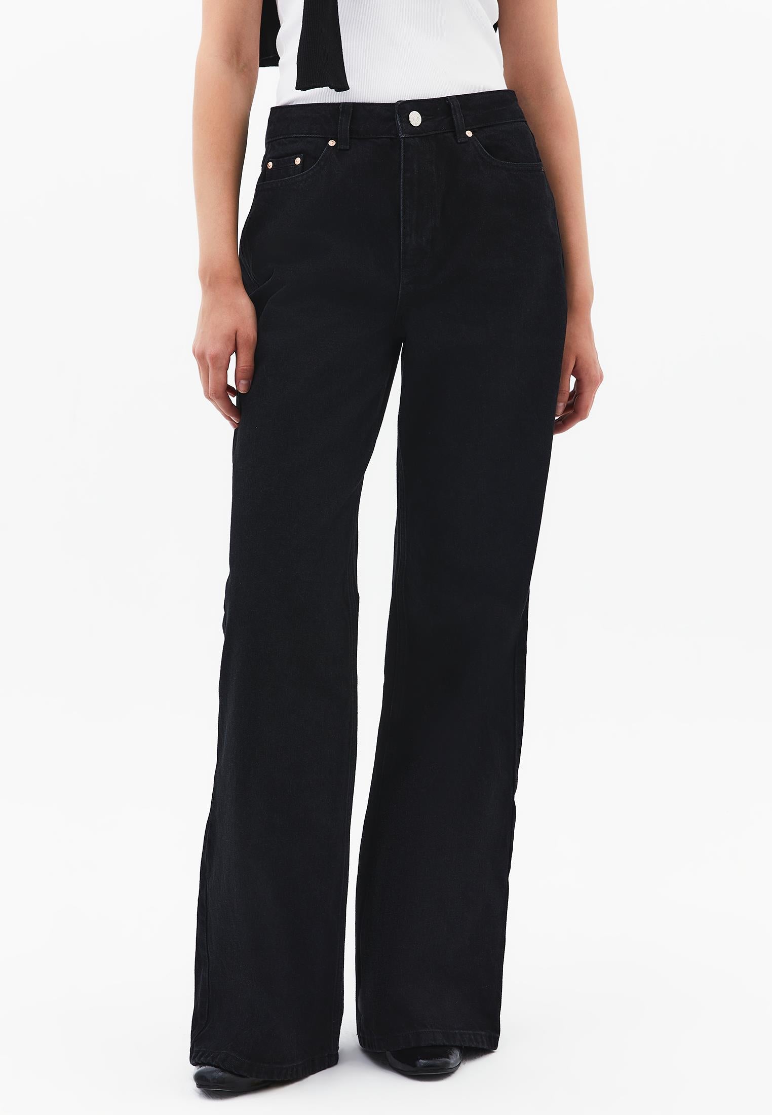 Wide Leg High Waist Denim Pants With Pocket Details - BLACK DENIM