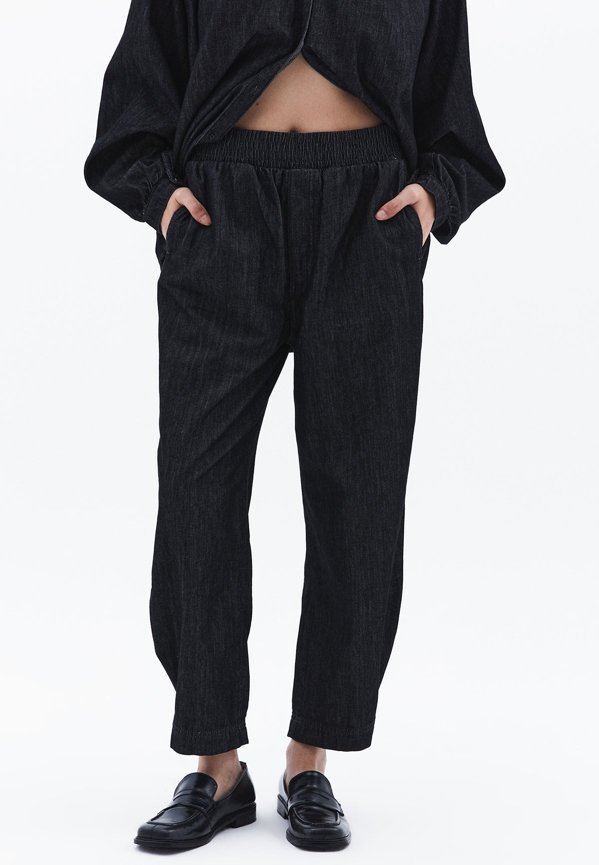 High Waist Elastic Waistband Baggy Denim Pants - BLACK DENIM