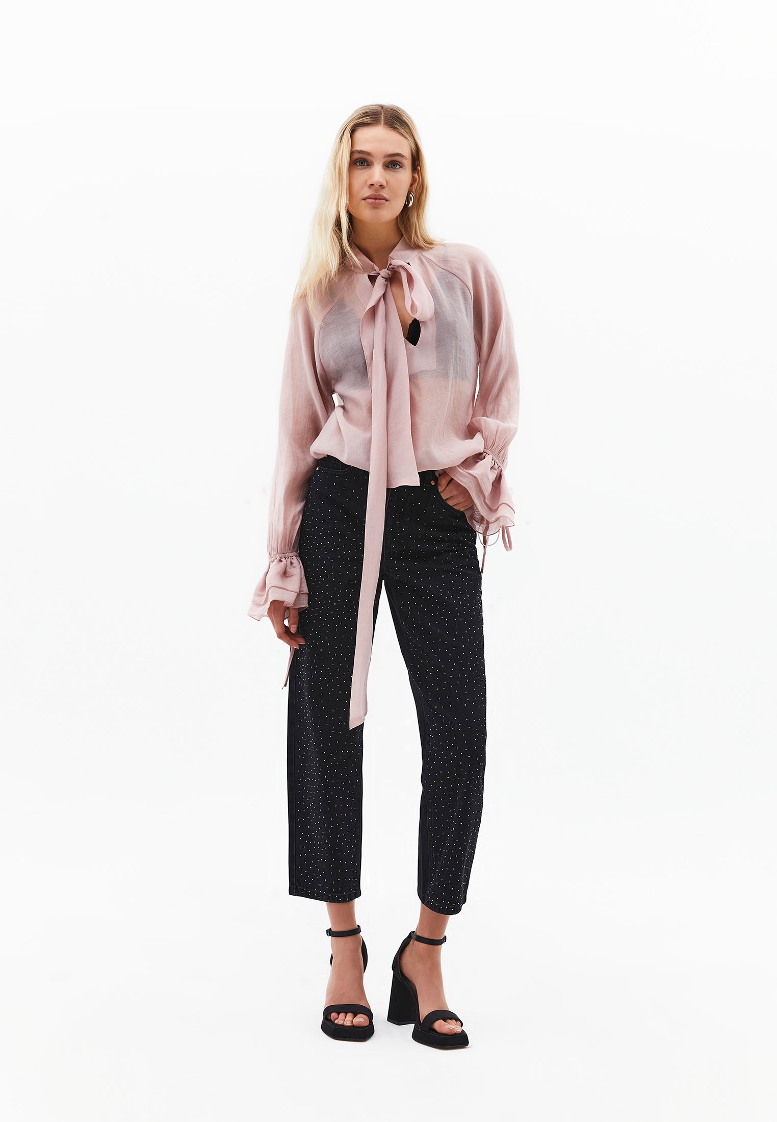 Ultra High Waist Mom Jeans Pants With Stone Details - BLACK DENIM