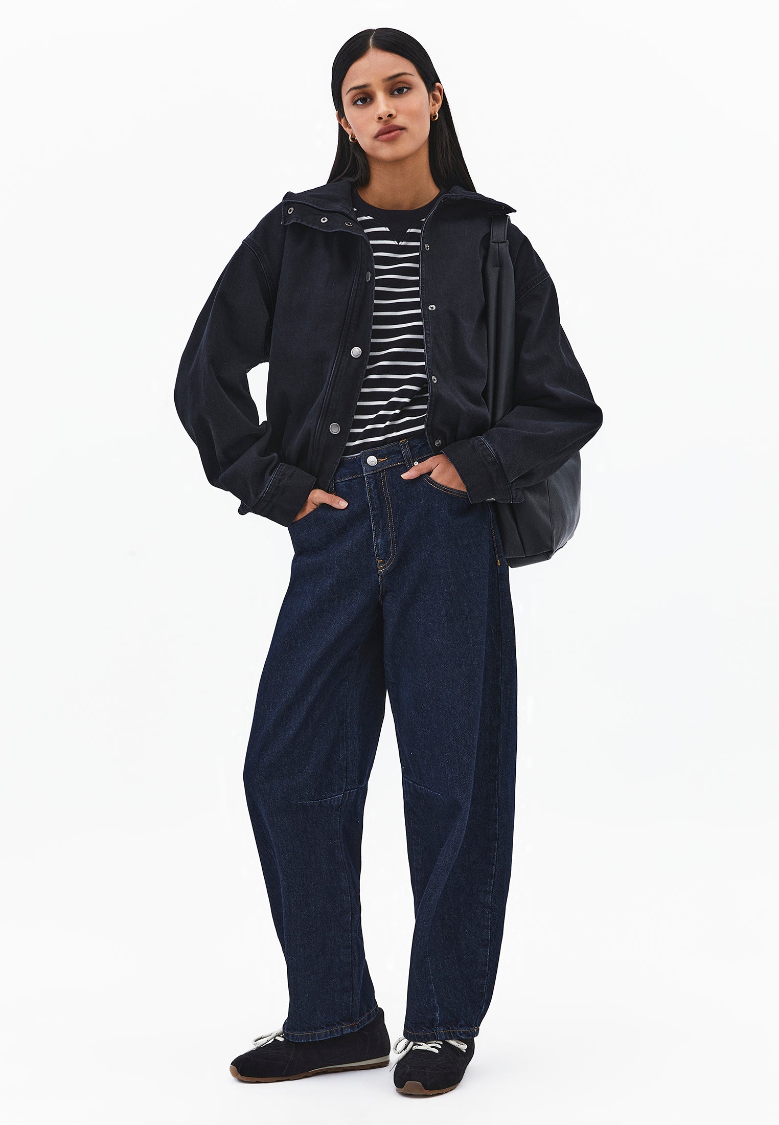 Oversize High Neck Bomber Jacket - BLACK DENIM
