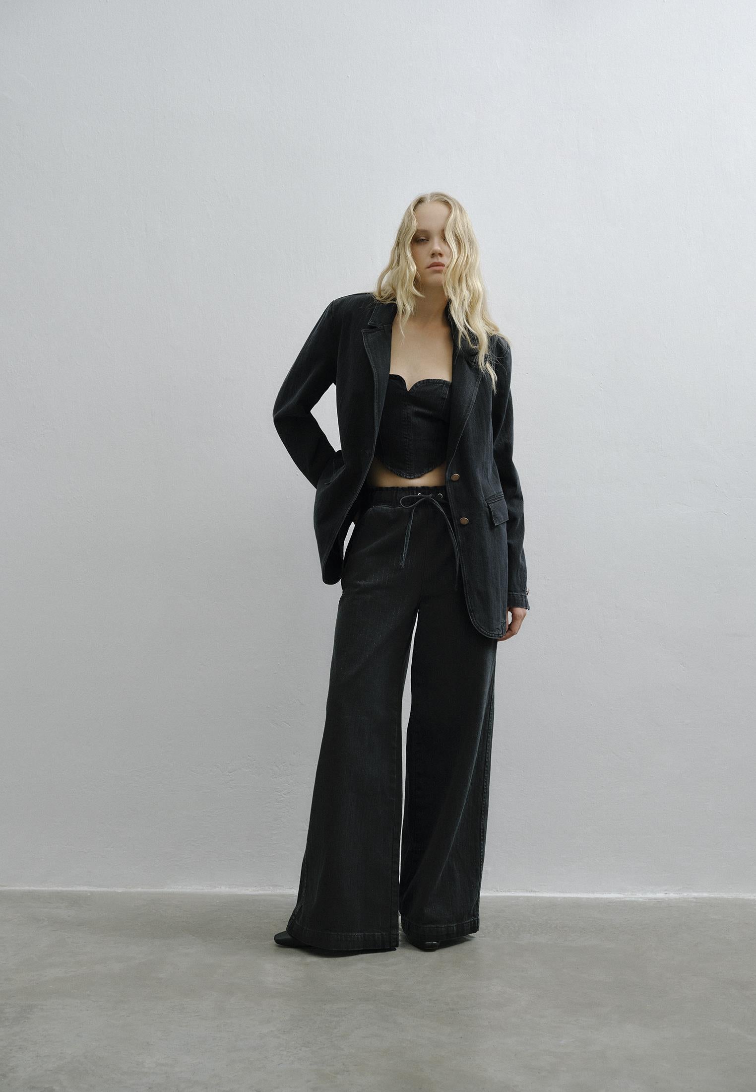 Double Breasted Lapel Boyfriend Blazer Jacket - BLACK DENIM