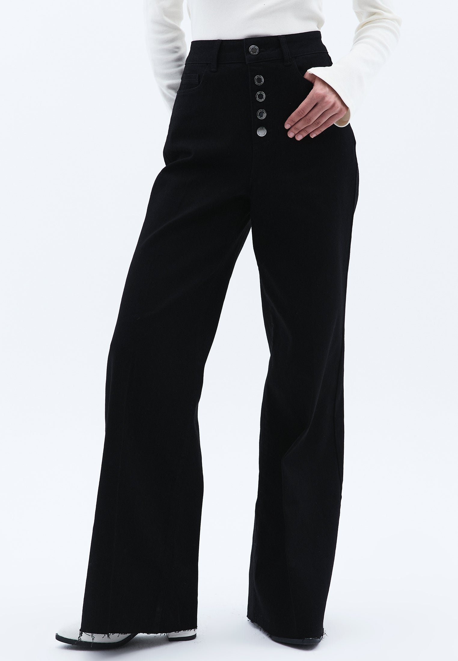 High Waist Wide Leg Women's Pants - BLACK DENIM