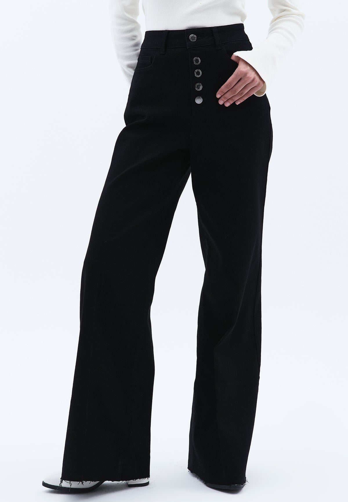 Wide Leg Denim Pants - BLACK DENIM