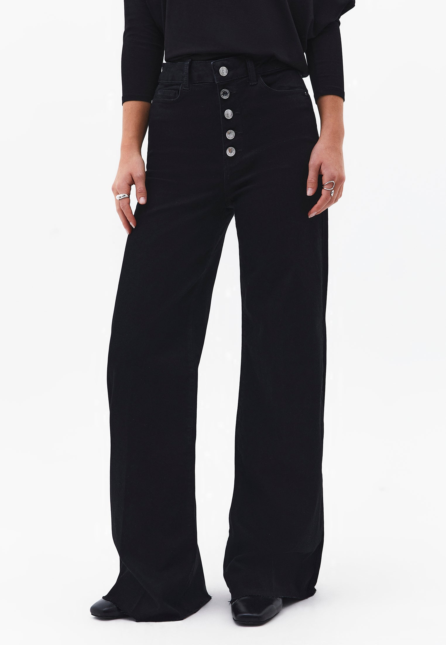 Button Detailed Wide Leg High Waist Denim Pants - BLACK DENIM