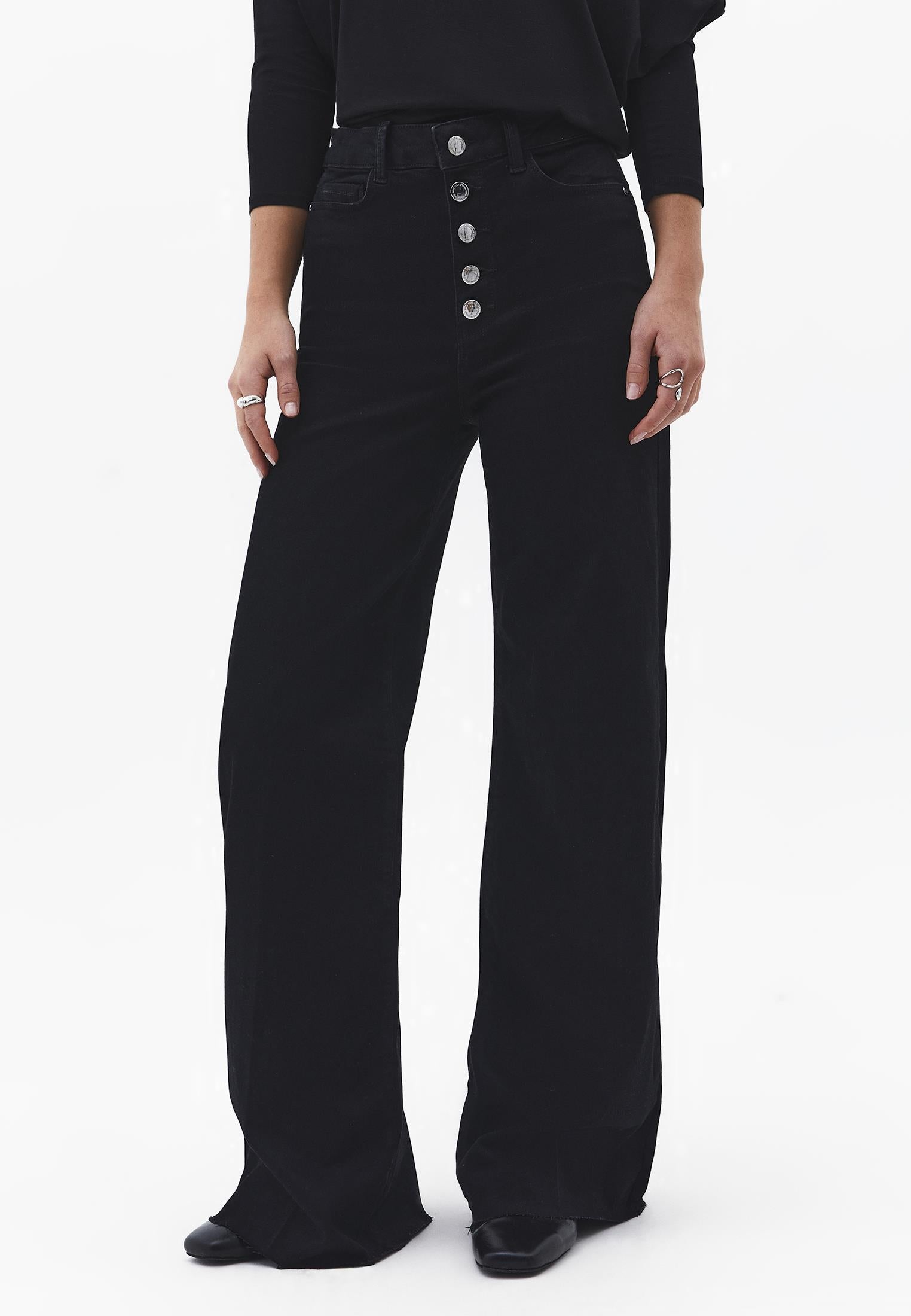 Button Detailed Wide Leg High Waist Denim Pants - BLACK DENIM