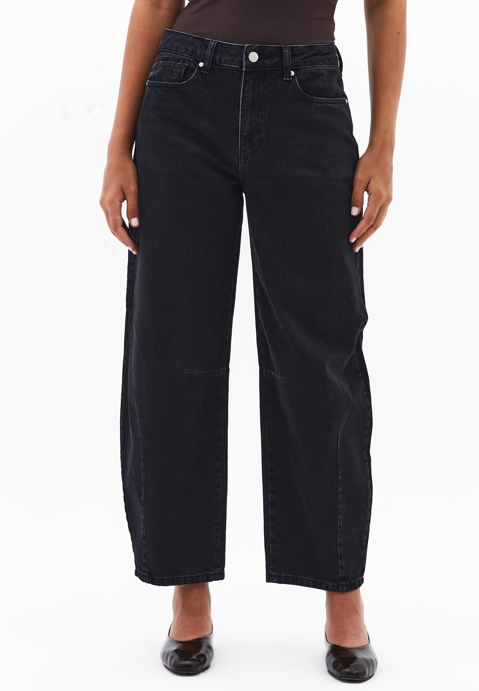 Cut Detail Barrel Leg Regular Waist Denim Pants - BLACK DENIM