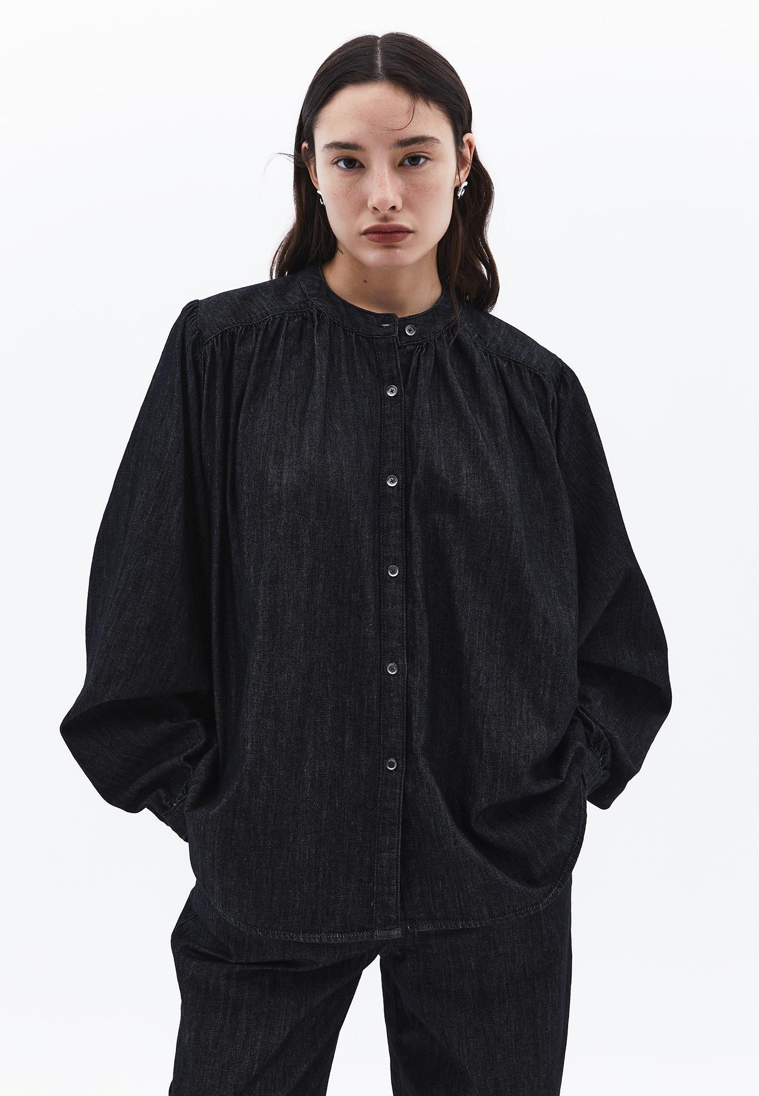 Bat Sleeve Mandarin Collar Buttoned Shirt - BLACK DENIM
