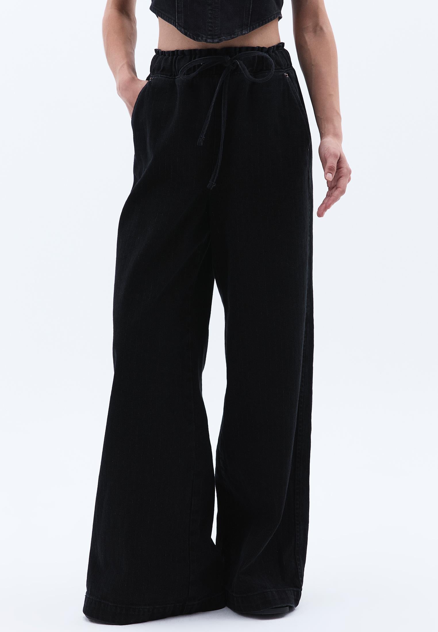 Striped Wide Leg Pants With Pocket Detail - BLACK DENIM