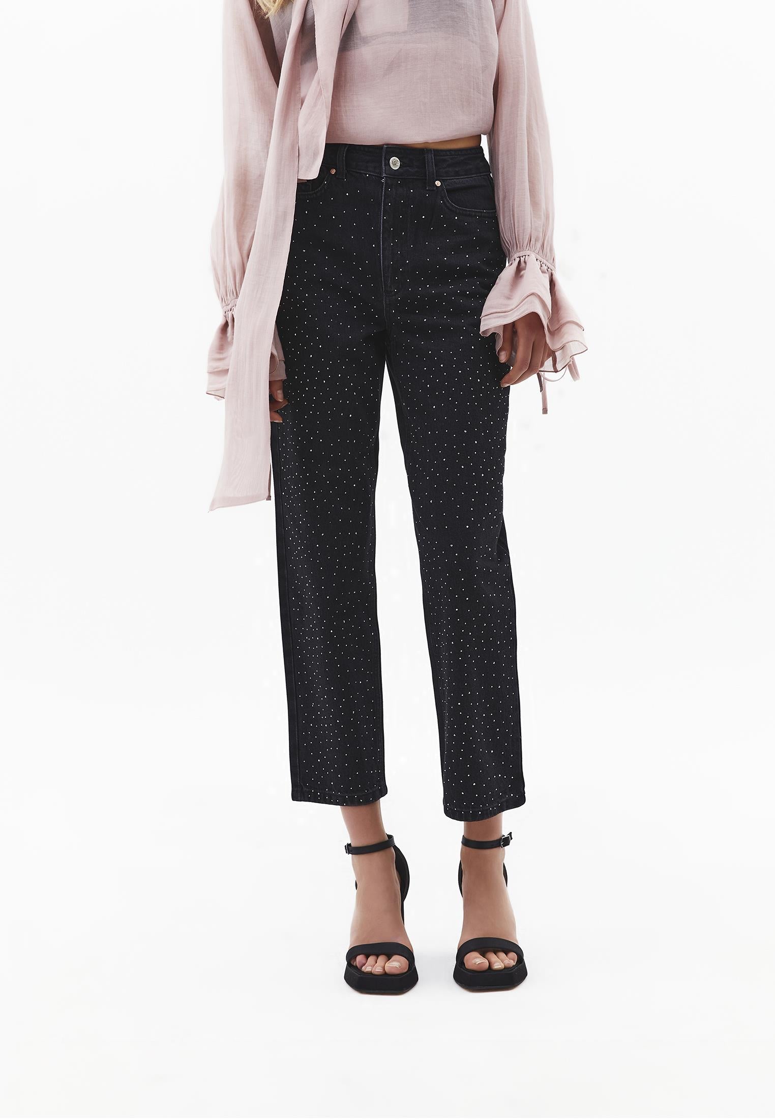 Ultra High Waist Mom Jeans Pants With Stone Details - BLACK DENIM